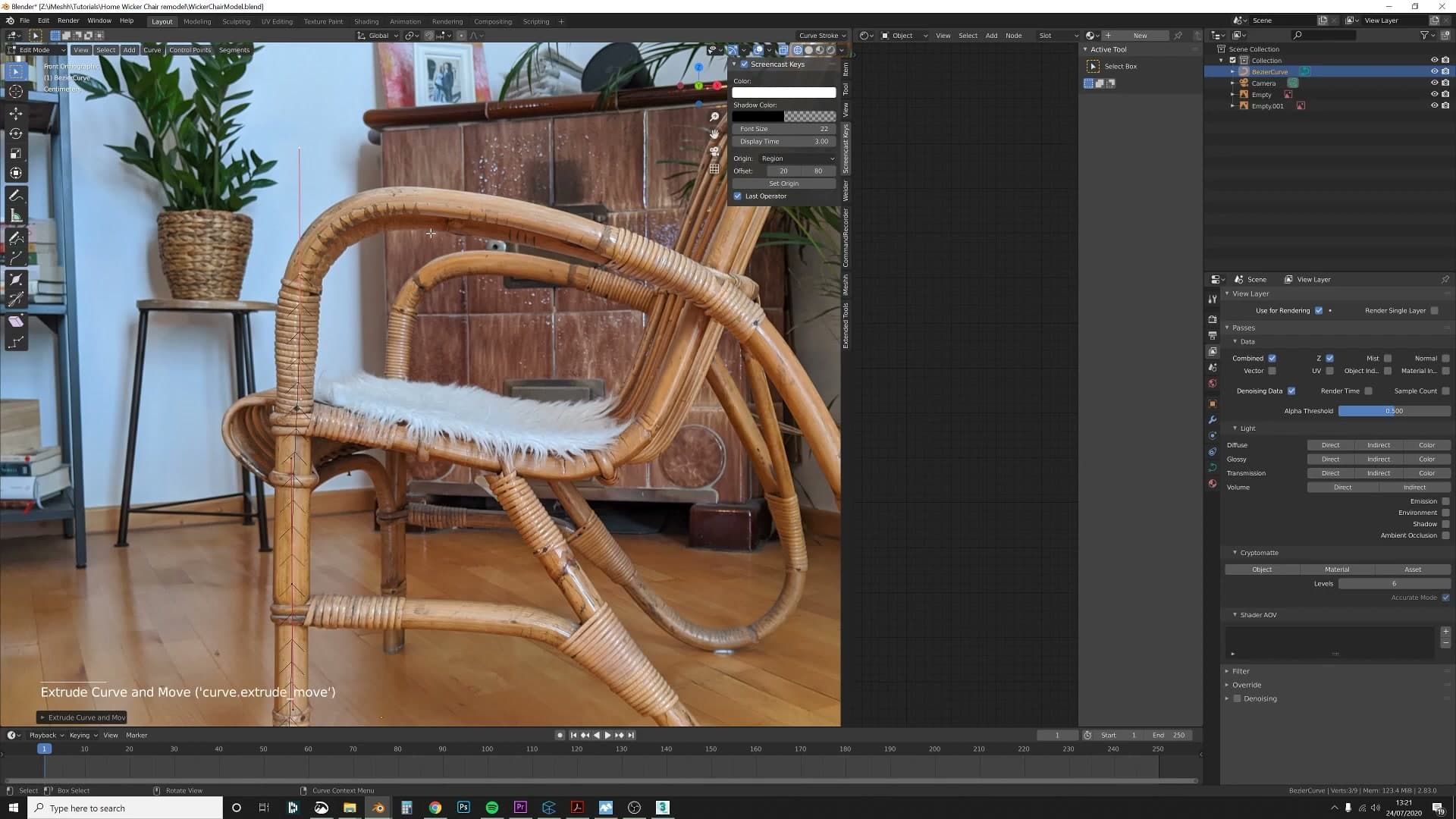 Initial Bezier curve placed and extruded around the chair's frame outline using E and R.