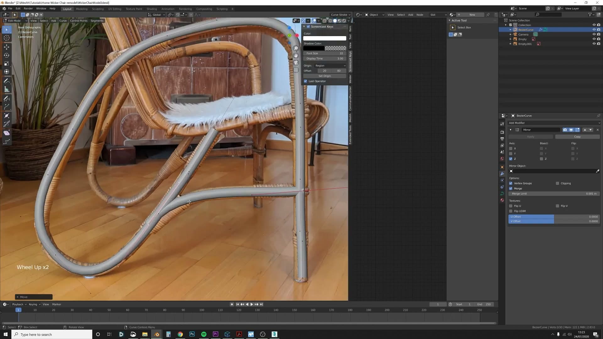 Mirror modifier applied so both sides of the chair update simultaneously - numpad 3 and 1 flip between sides.