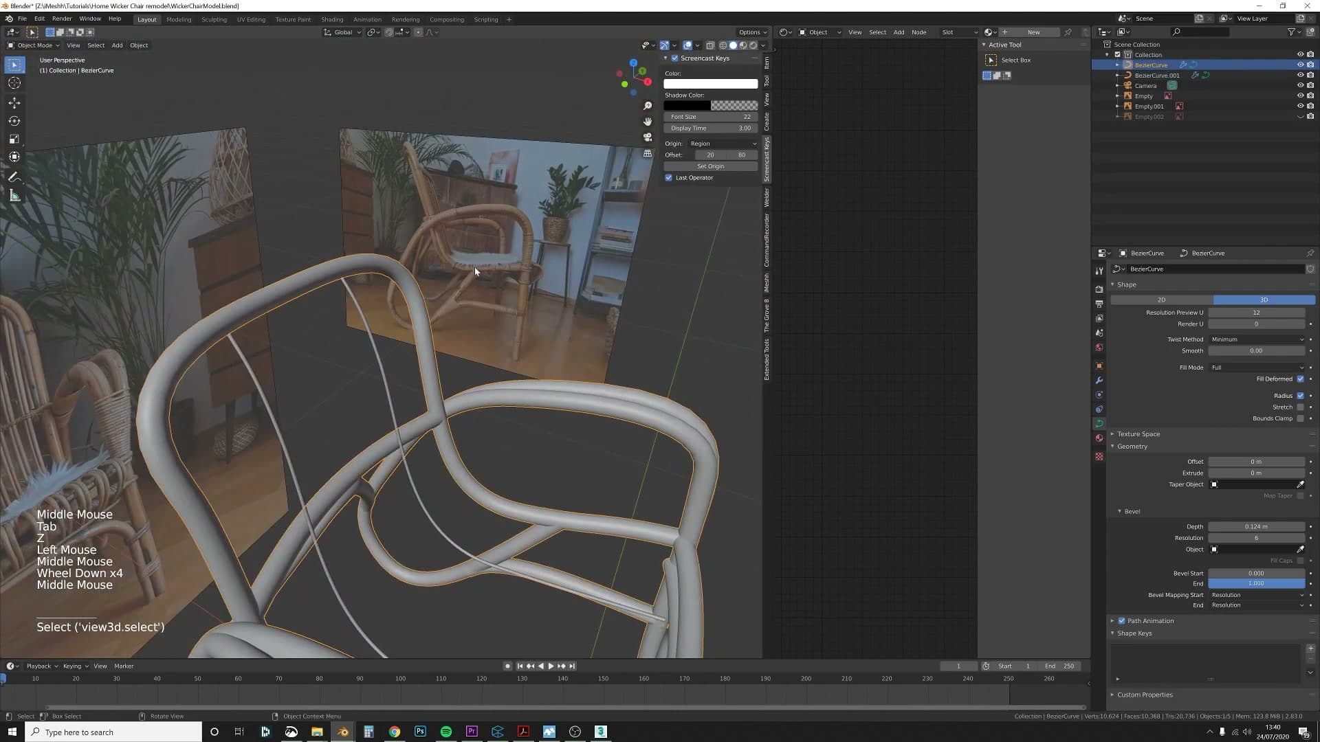 Outer frame curve duplicated and its end extruded inward - the foundation of the woven seat shape.