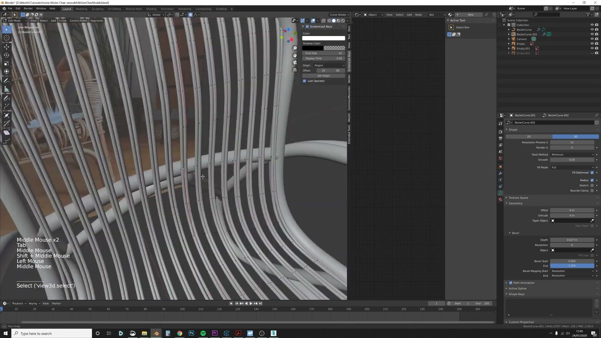 Proportional editing (O key) enabled - moving one curve point pulls neighbouring points along for a flowing shape.