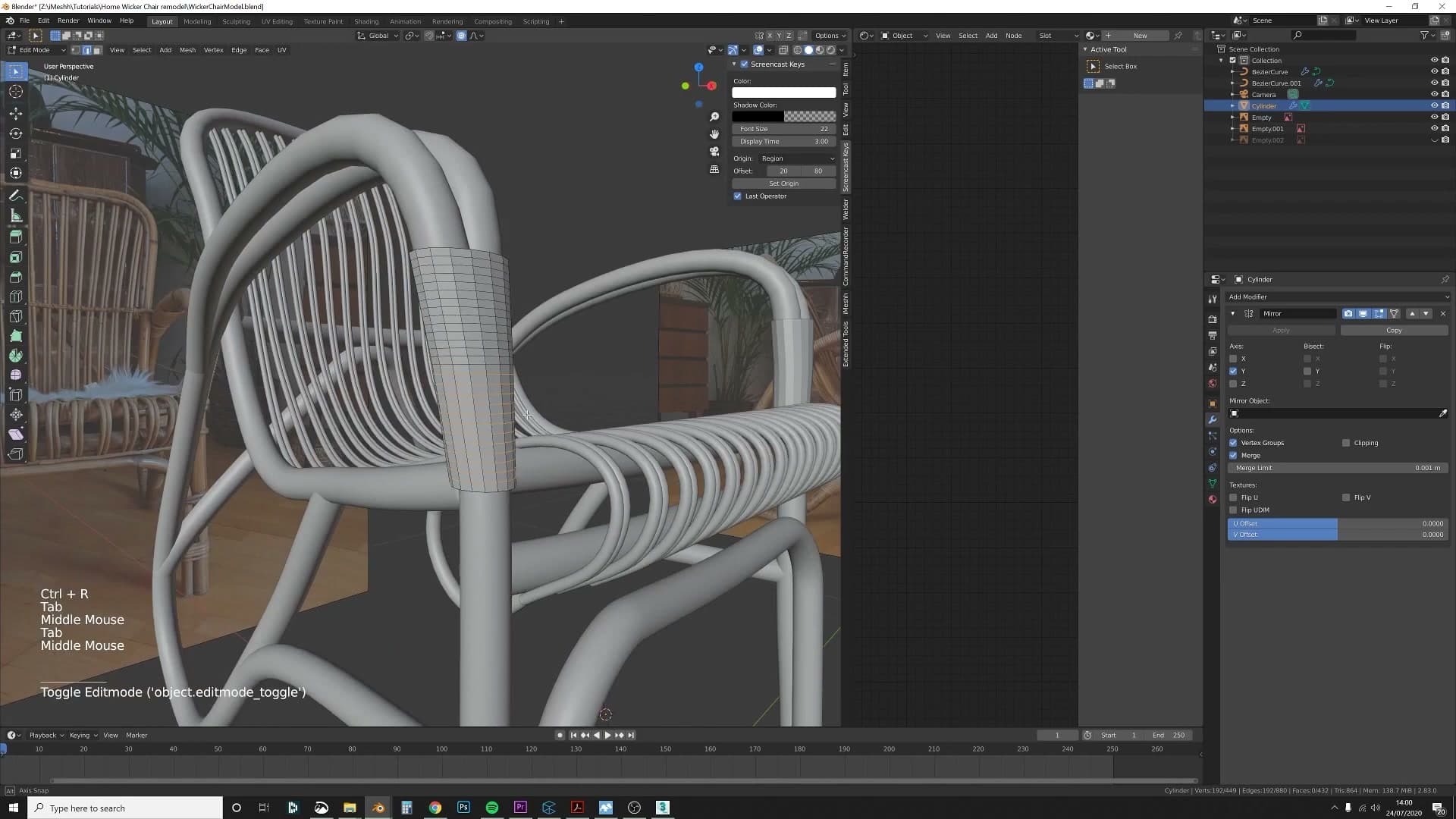 Multiple seat wires duplicated across the chair, end points adjusted to fit the curved frame.