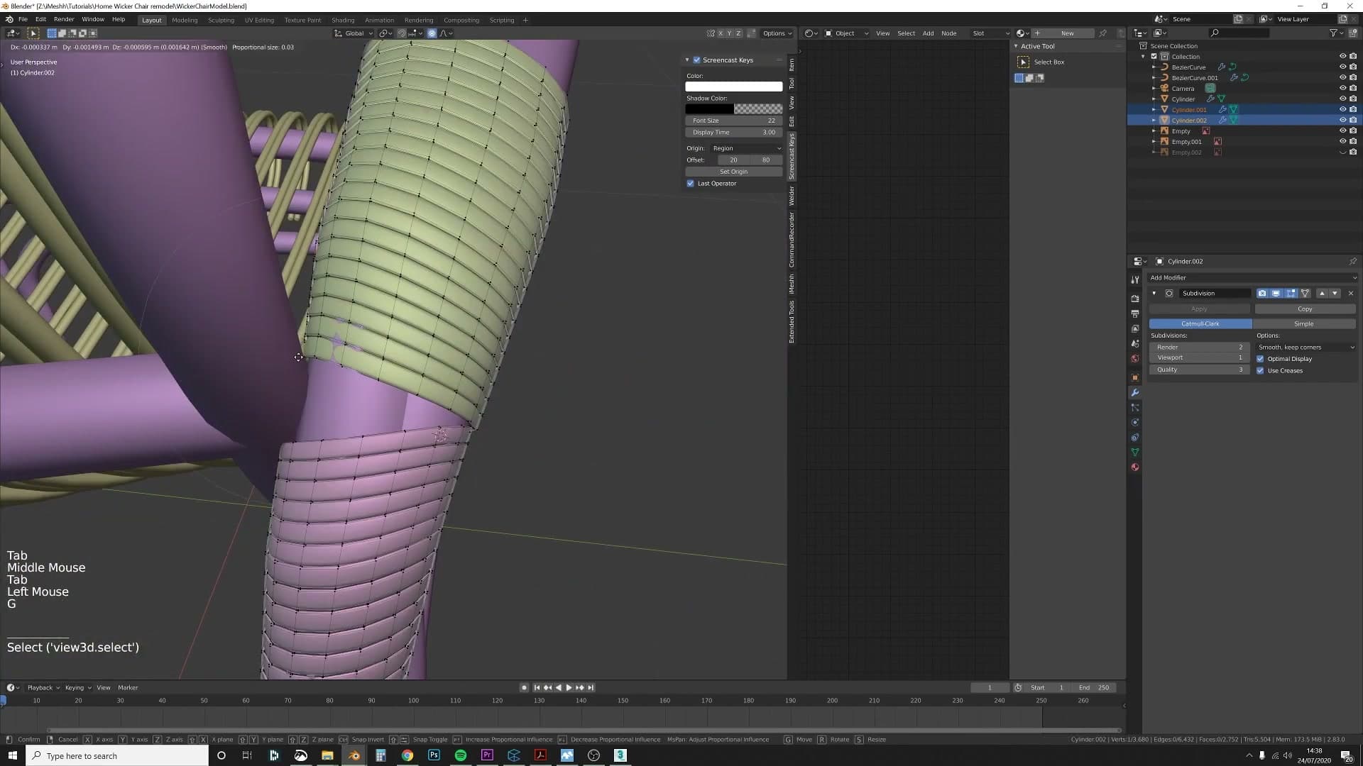 Cylinder separated into two objects at the arm-back junction, then proportional edited apart to suggest the structural split.