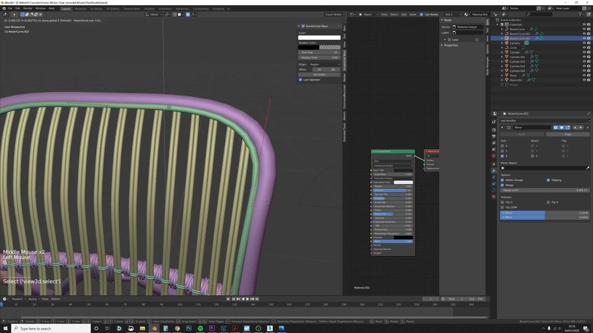 A half-circle curve set as the bevel object - the duplicated frame curve now extrudes as a flat-backed half-round strip.