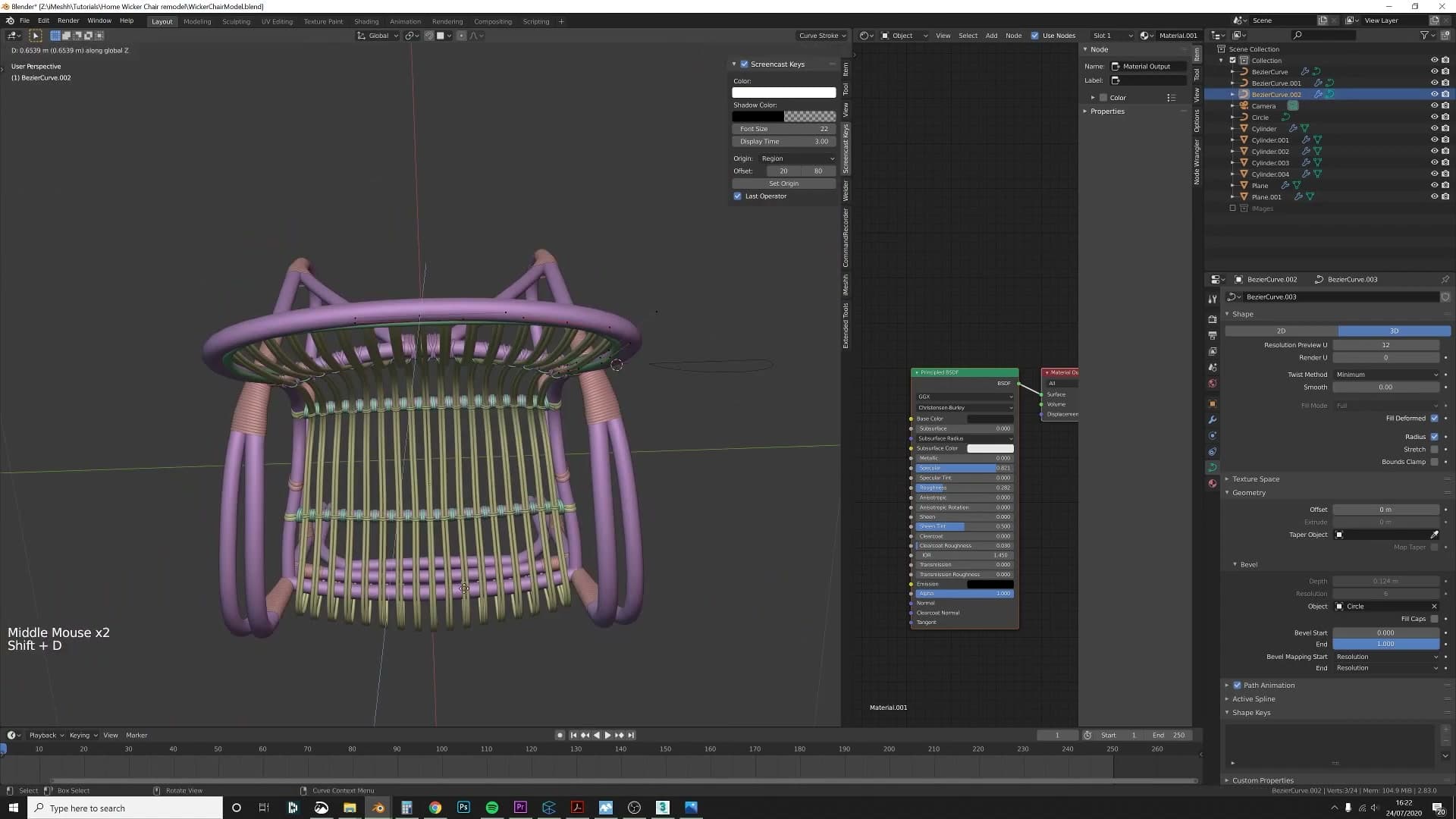 Ctrl+T used on individual curve points to rotate the bevel profile so the flat face always points inward.