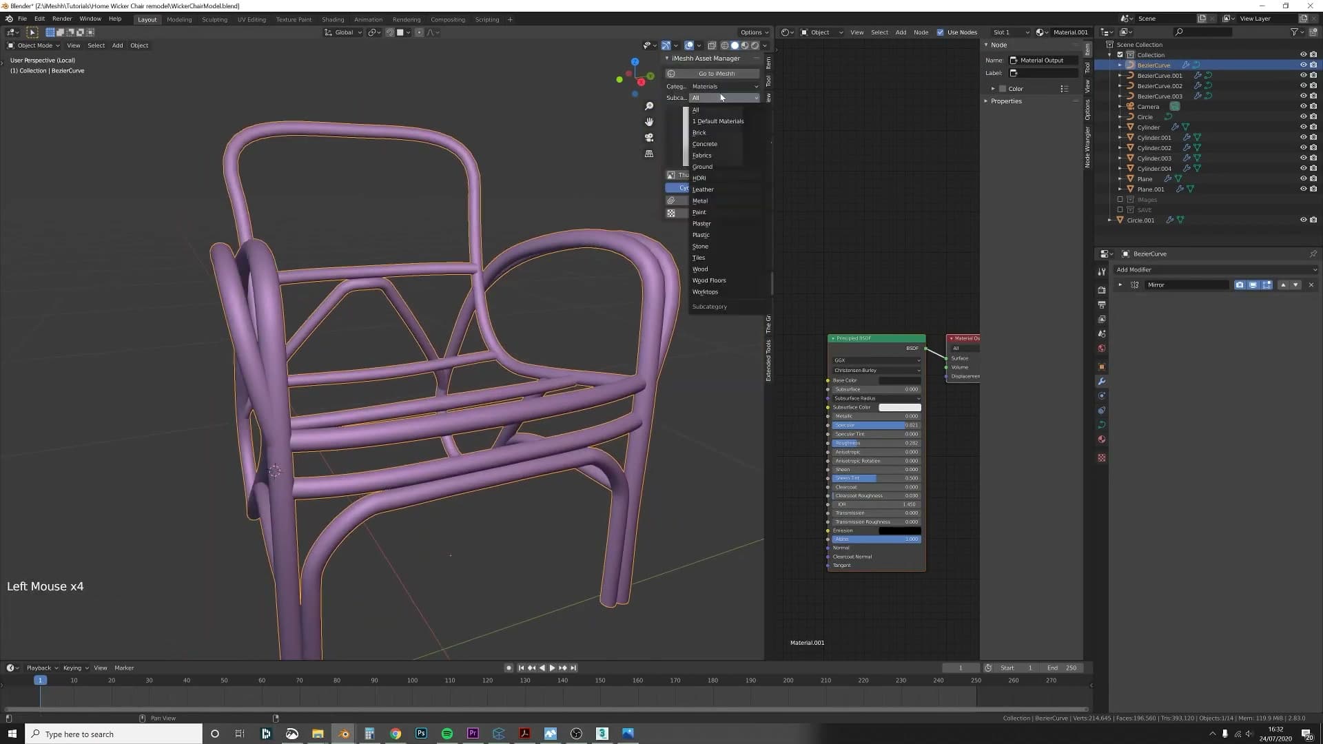 Chair duplicated to a hidden collection as a backup before applying modifiers and converting curves to meshes.
