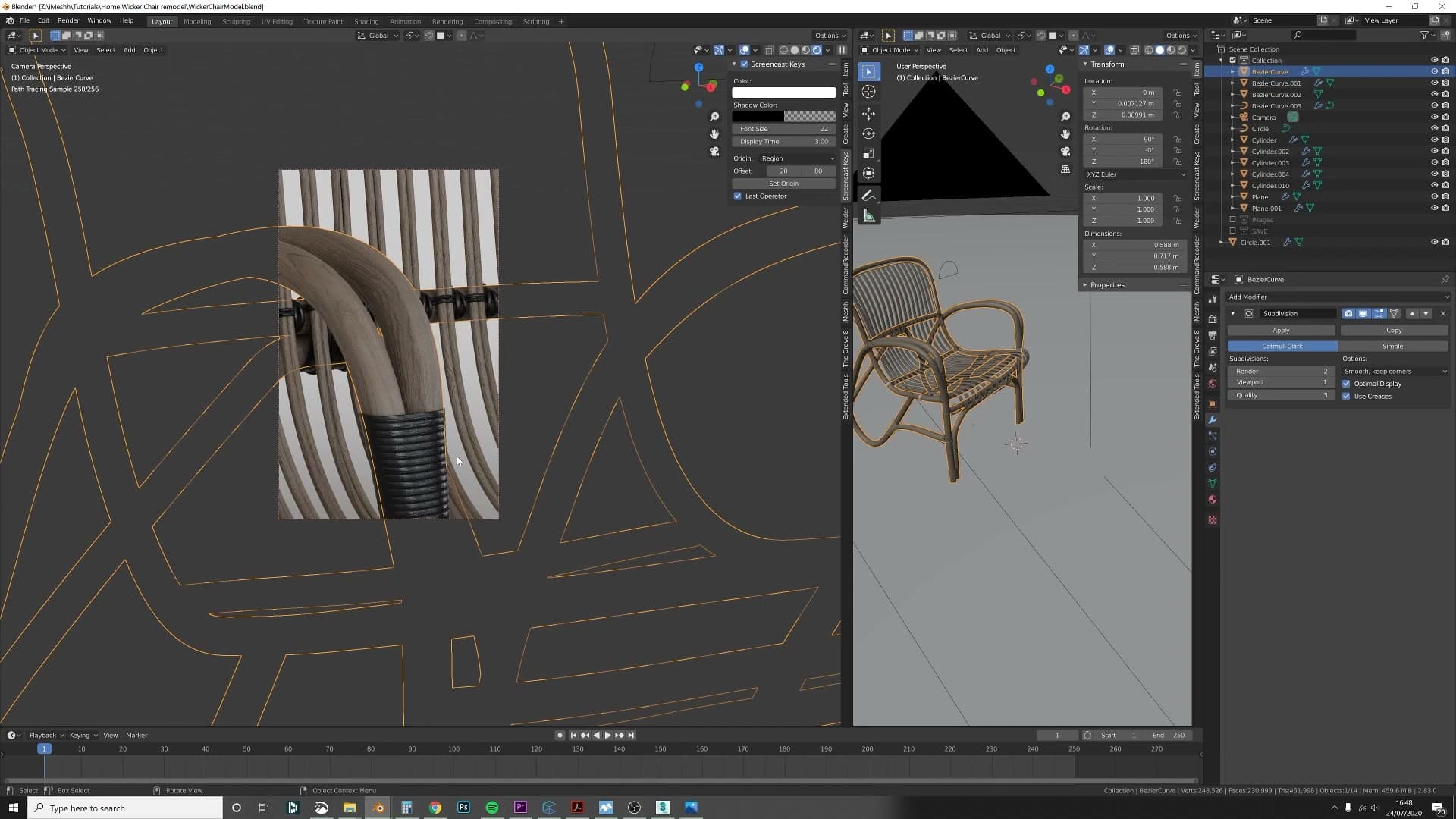A 0.45m reference cube placed next to the chair confirms the seat height is in a believable range for a real chair.