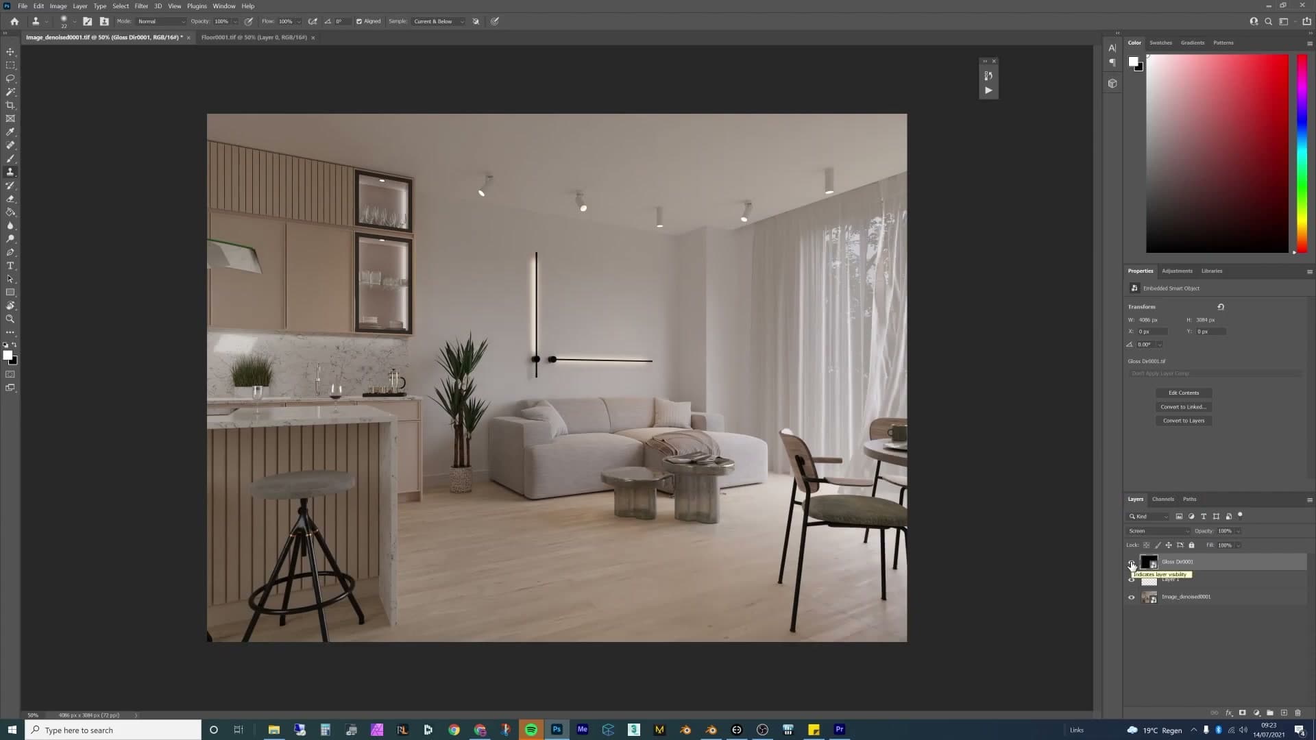 Before/after comparison: even a simple curves and brightness pass lifts the final image