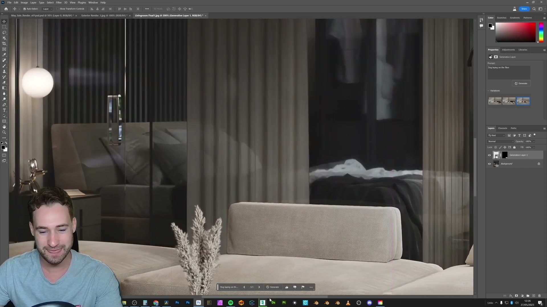 Generative Fill places a photoreal dog into the interior scene on a fresh layer.