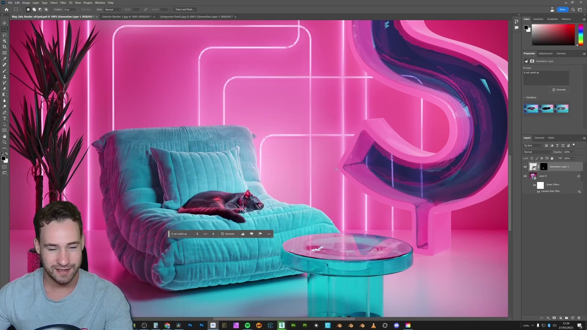 Generated cat picks up the blue and pink rim lights present in the original render.