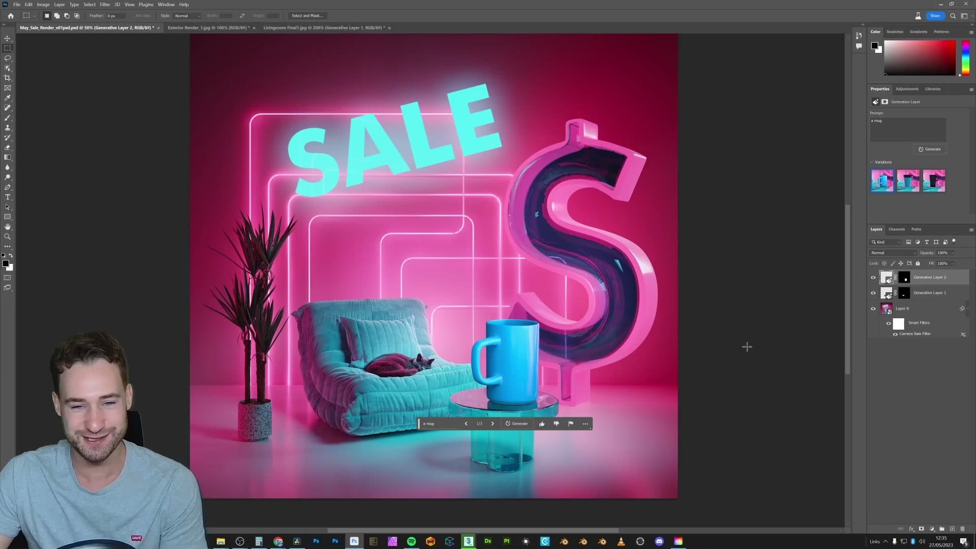 Generated mug sits on the surface with believable scale and lighting.