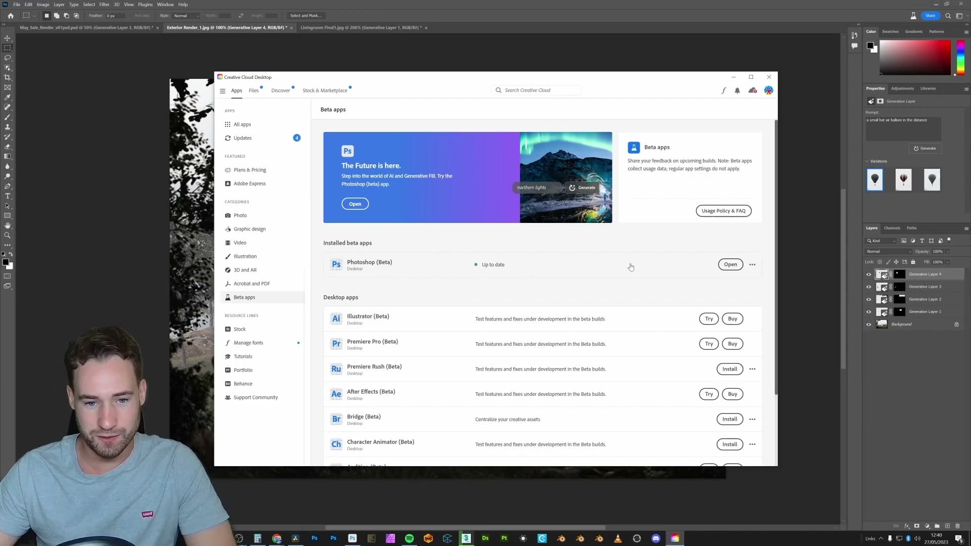 Creative Cloud sidebar showing the Beta apps section with Photoshop Beta listed.