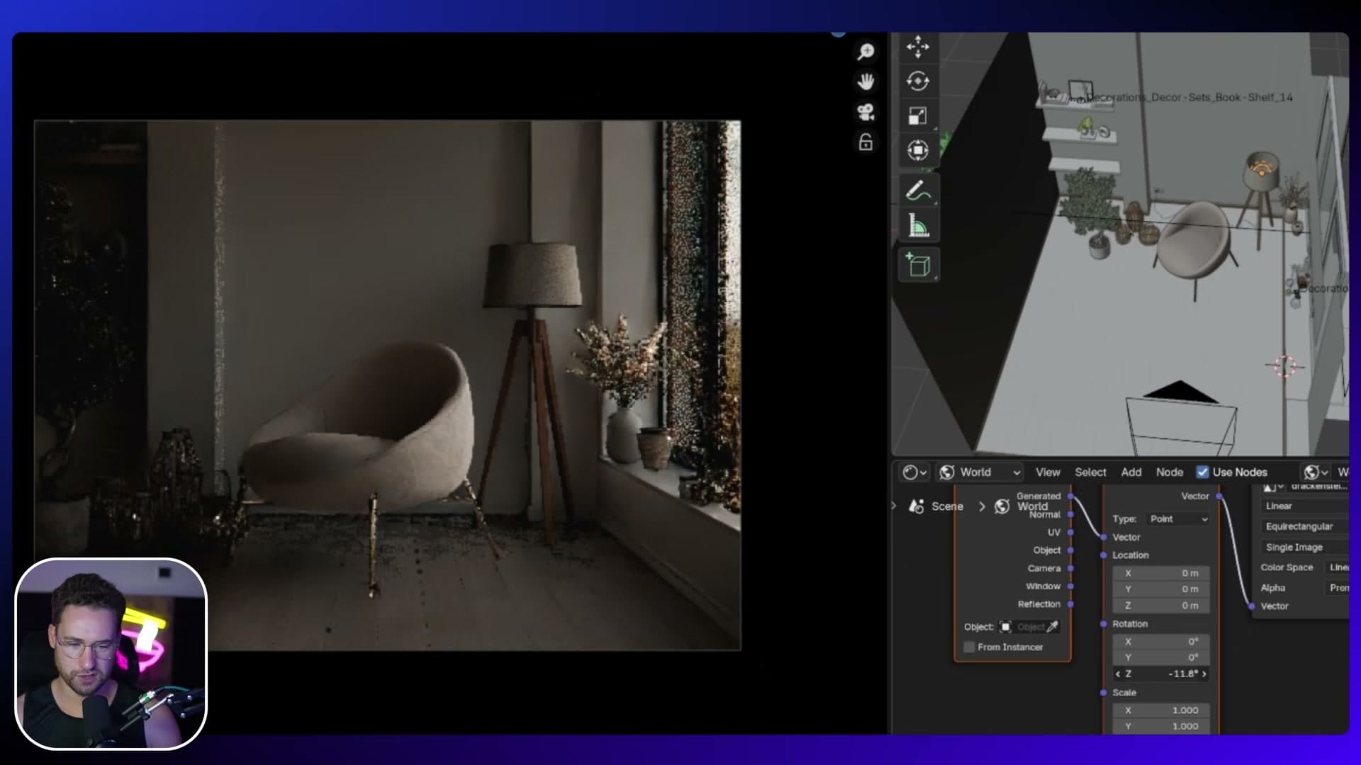 Rotating the HDRI with Node Wrangler's Ctrl+T mapping nodes to position the brighter sky panel away from the window.