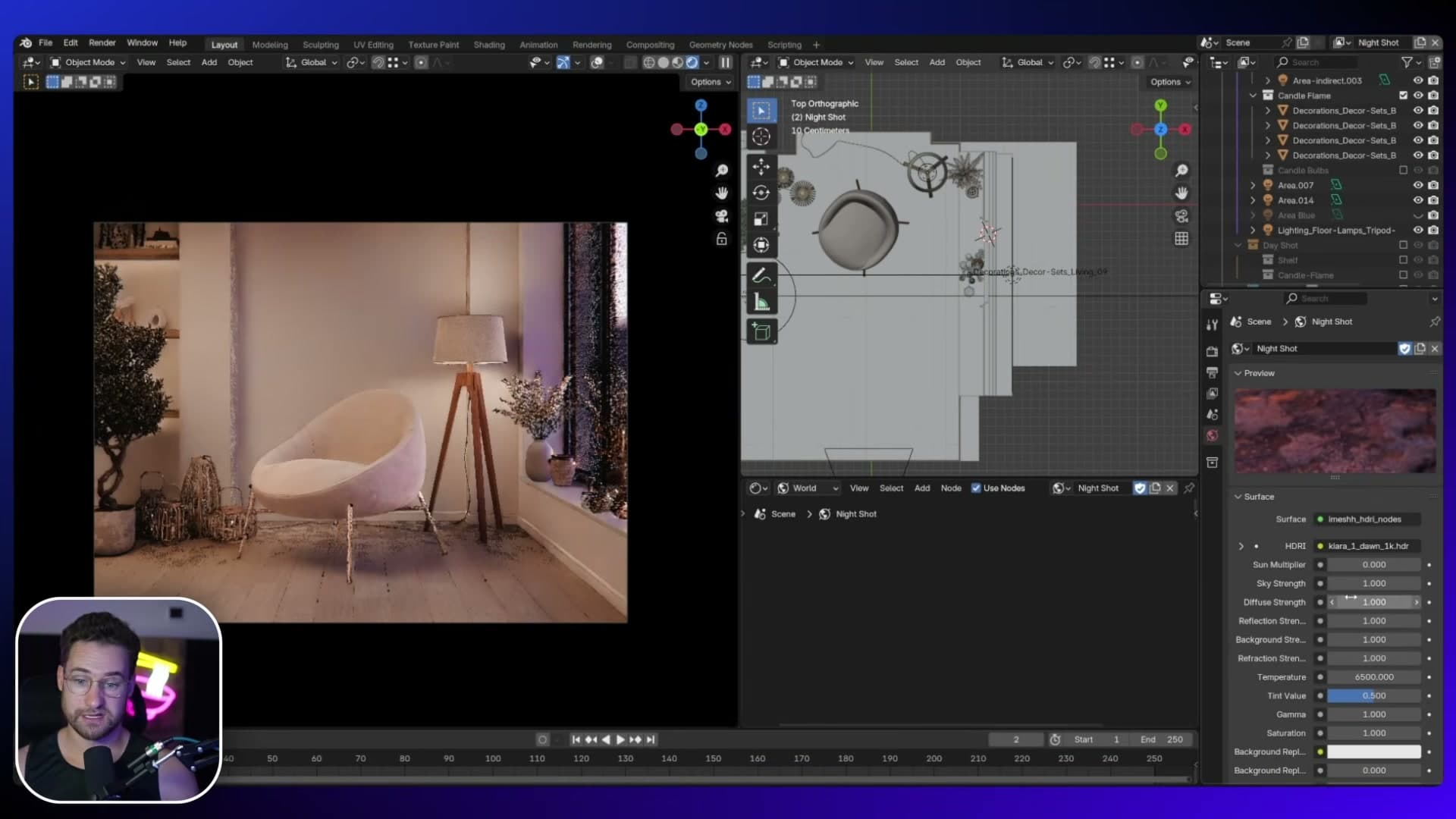Driving the HDRI through the iMeshh Asset Manager's HDRI node group exposes rotation and strength sliders.