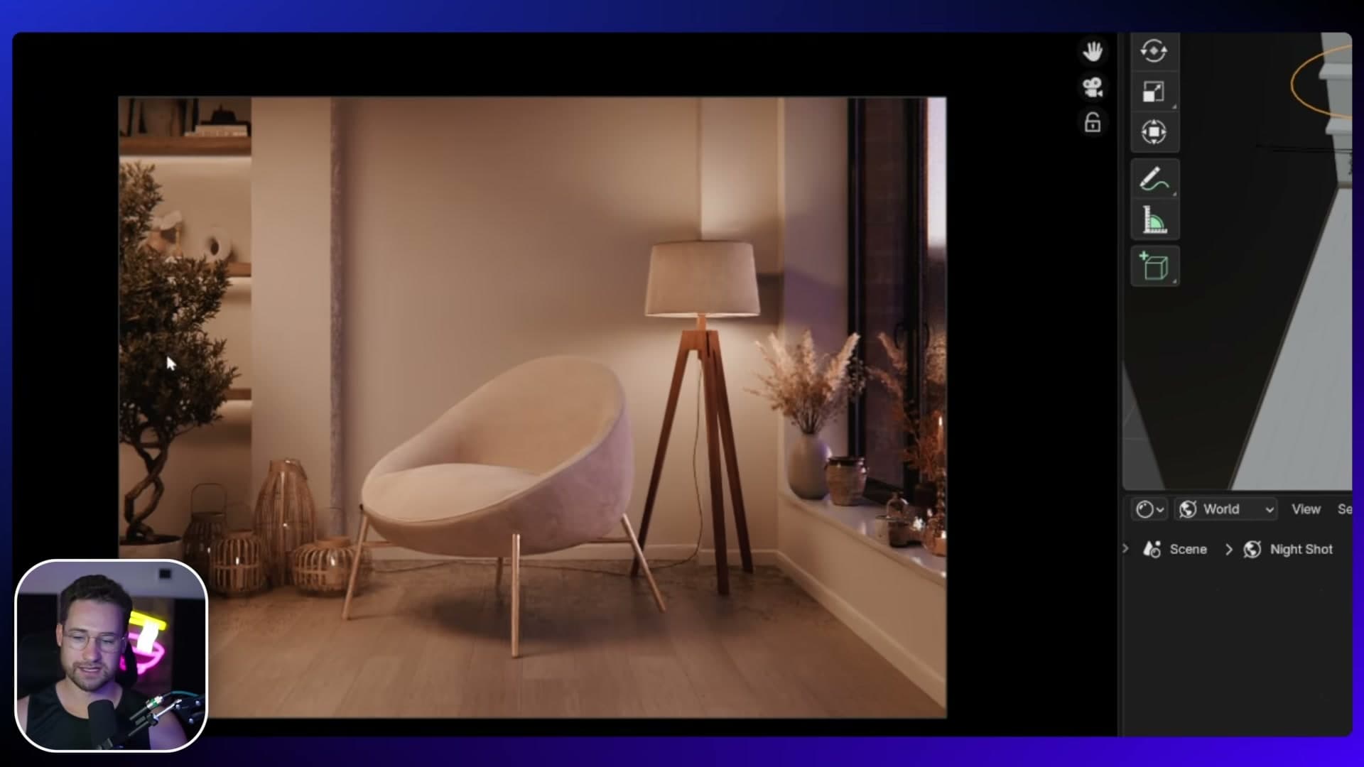 A disc area light aimed straight down at strength 40 simulates a ceiling pendant and becomes the scene's key light.