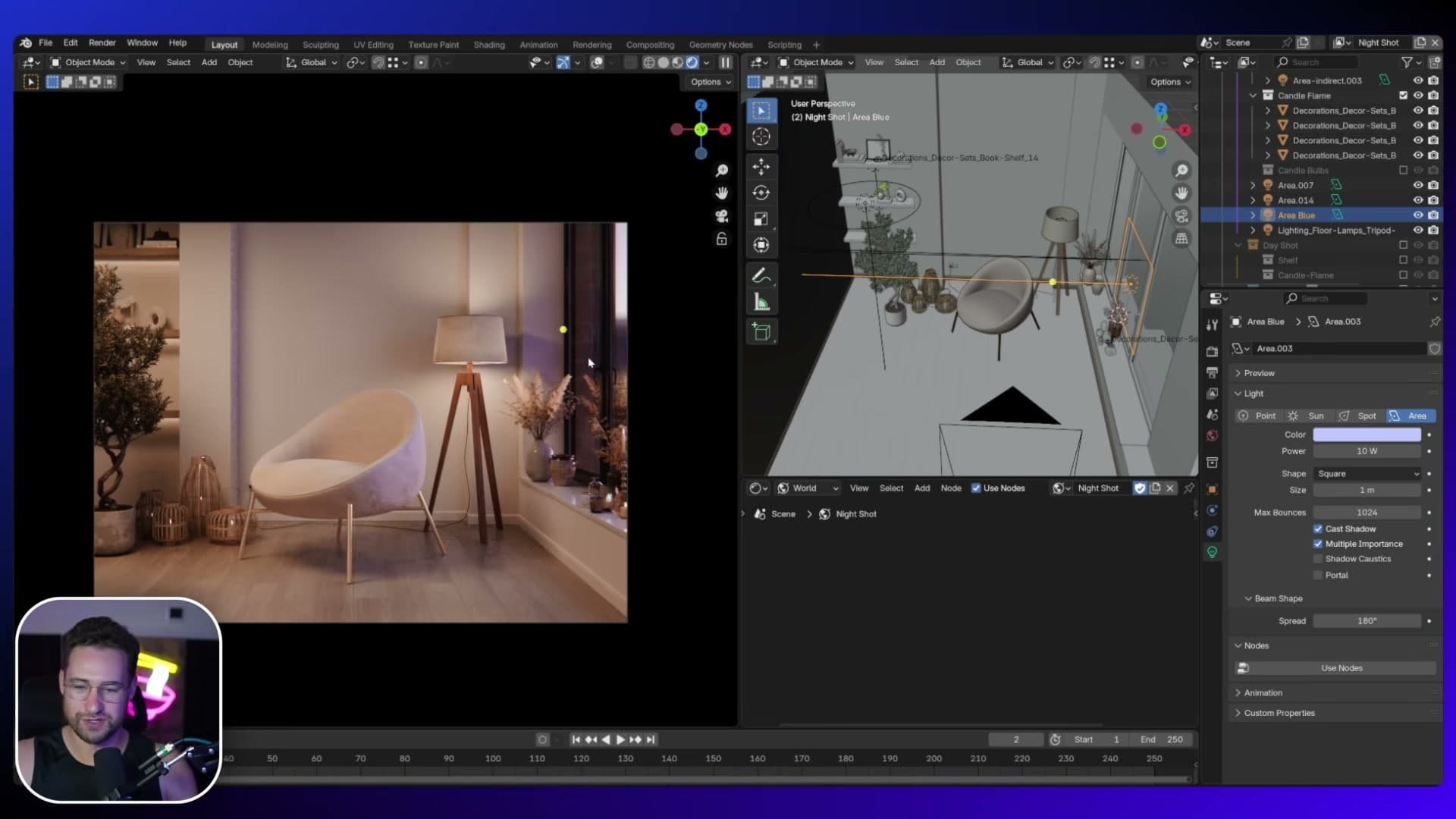 A purple-tinted area light on the window pushes the HDRI's evening colour deeper into the room.