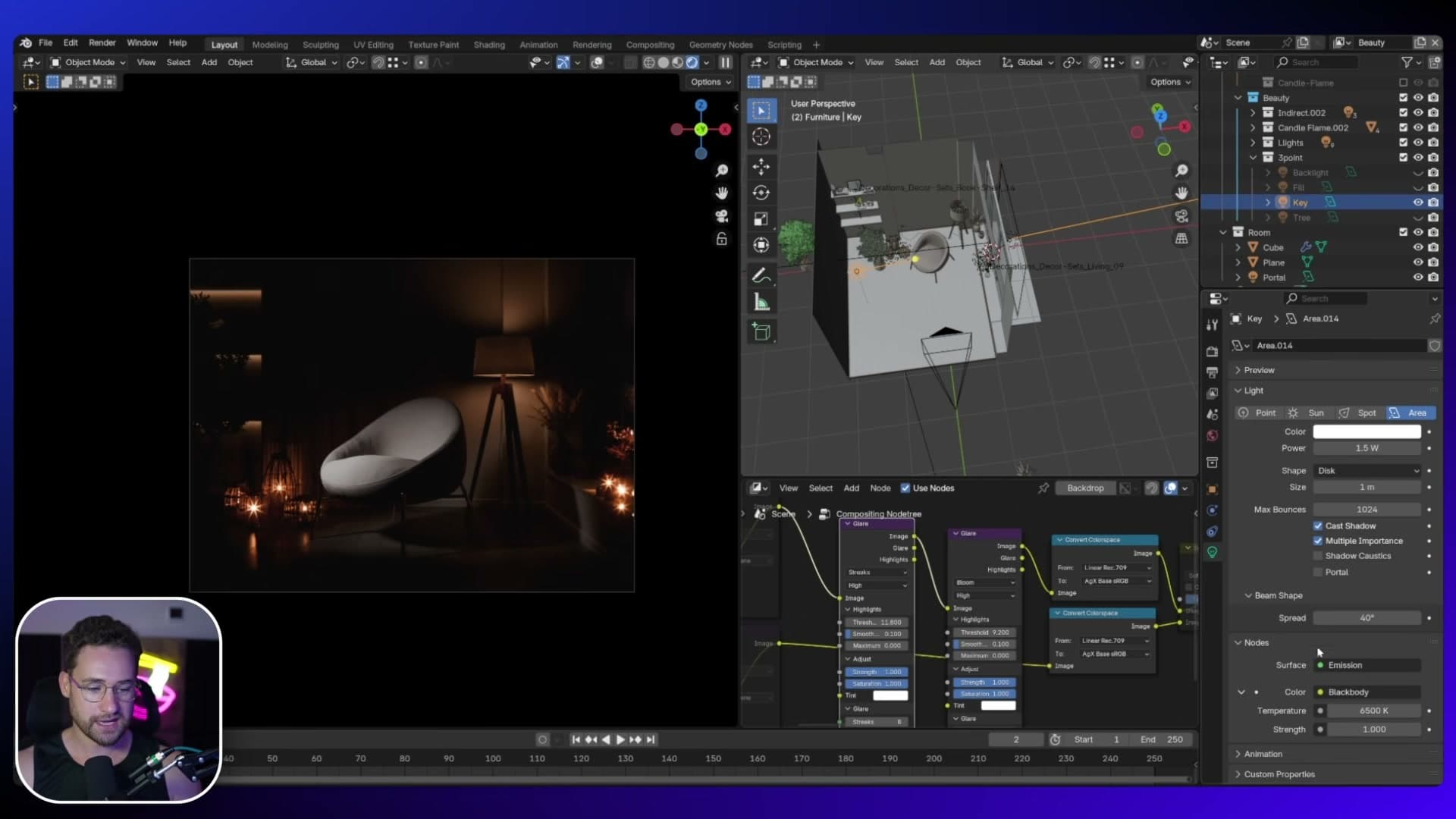 The key light at 6500 K with spread dialled down to 40°, a focused, almost-spotlight pool on the chair.