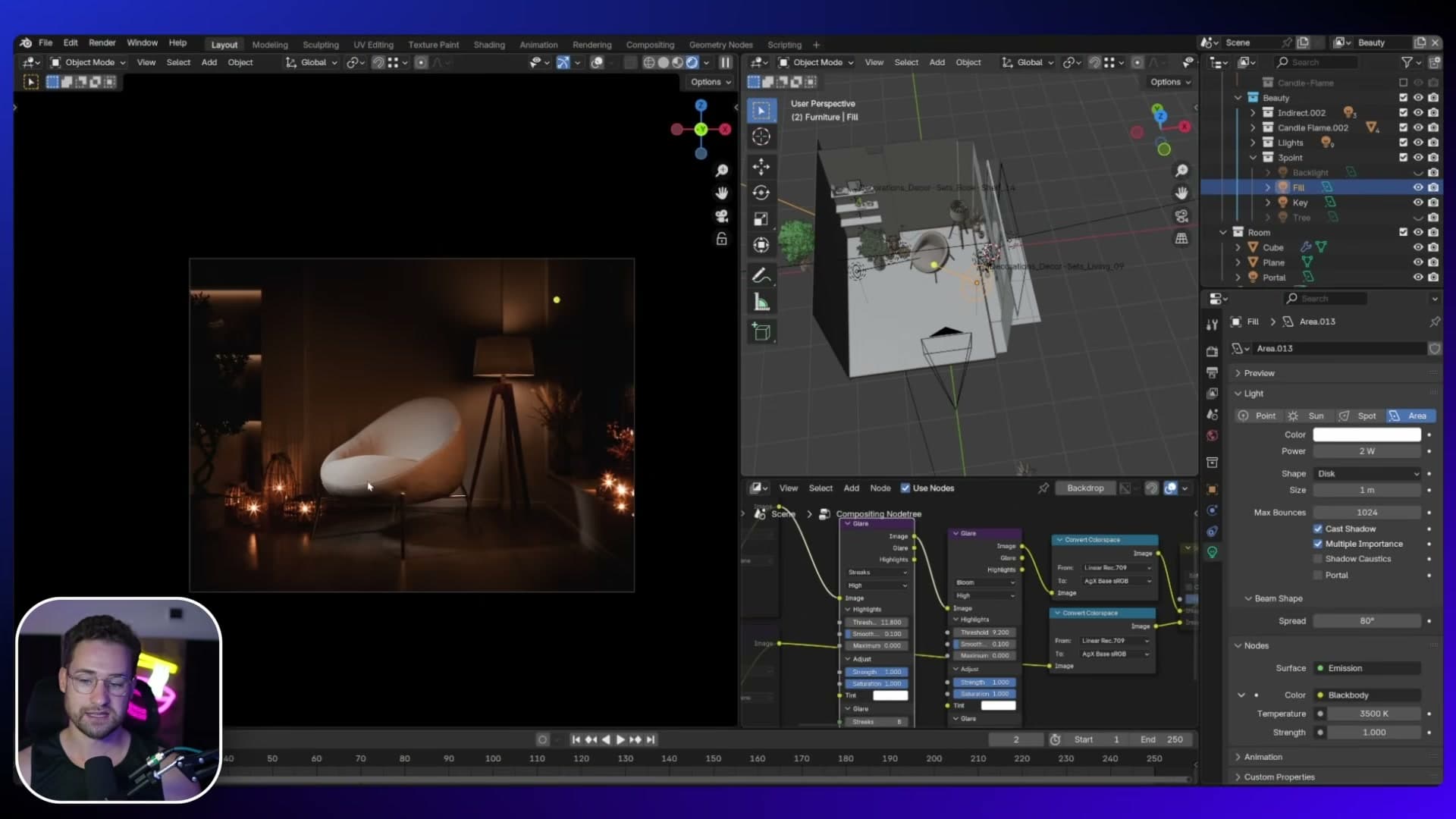 A warmer, low-strength area light fills the shadow side without competing with the cold key.
