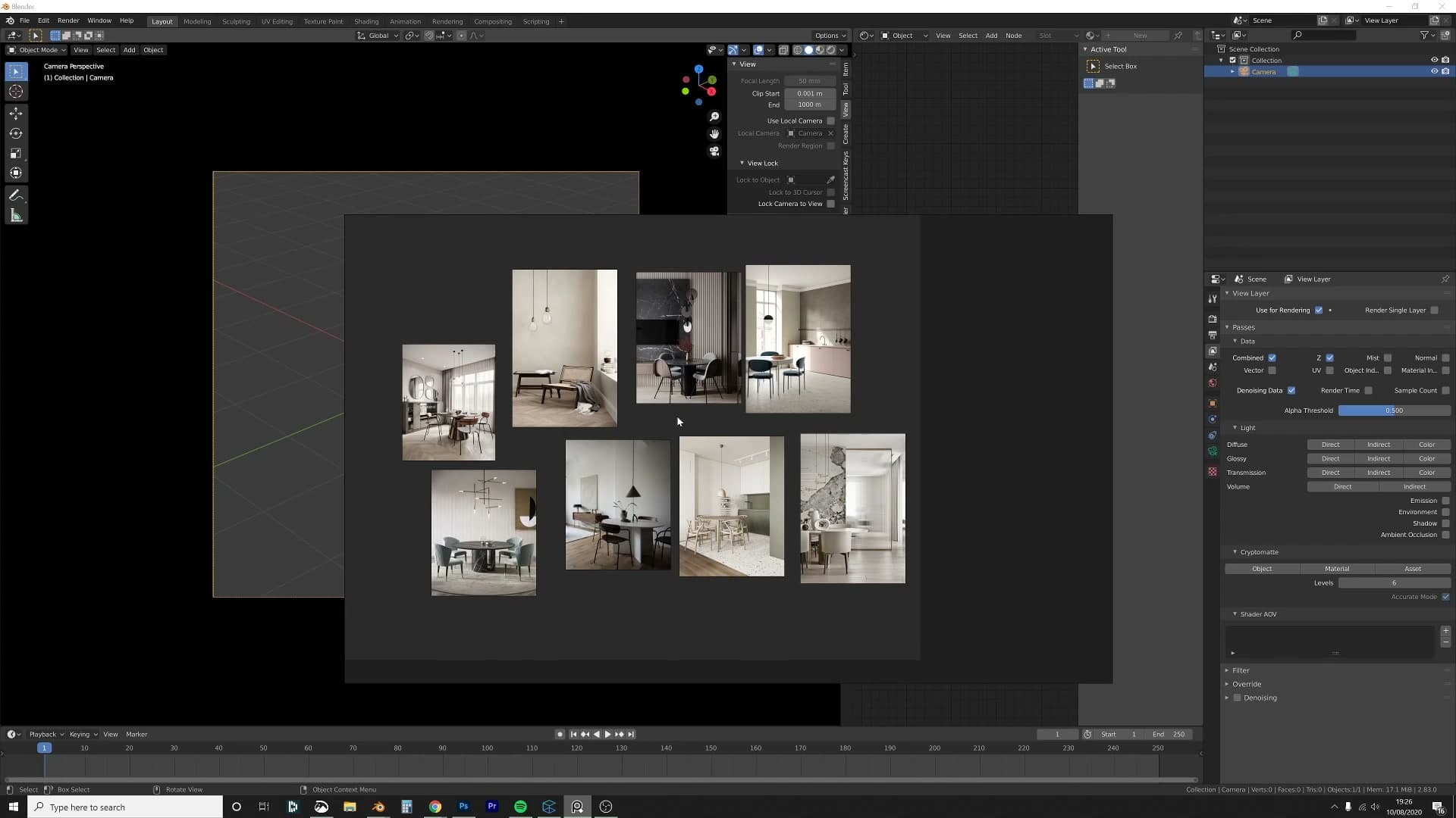 PureRef canvas filled with dining-room and lamp reference images, pasted with Ctrl+V and arranged freely.