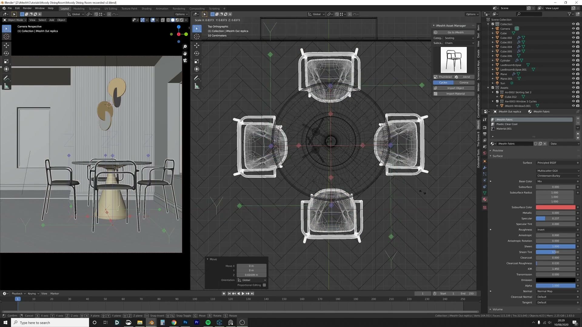 Alt+D linked-data duplicate of the chair then R 90. Four chairs share one mesh, halving memory at render time.