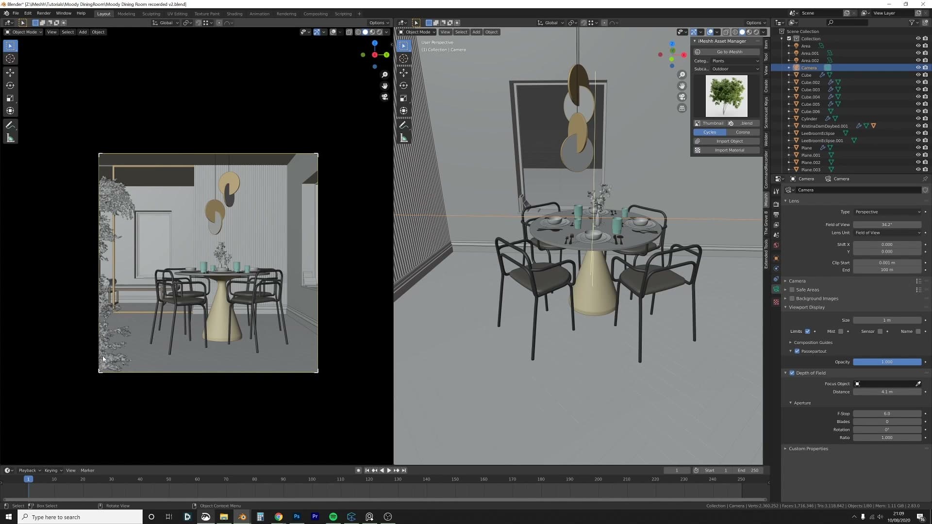 Camera DOF: focus object set to the table, f-stop around 6. Softens the foreground pampas and the back daybed at once.