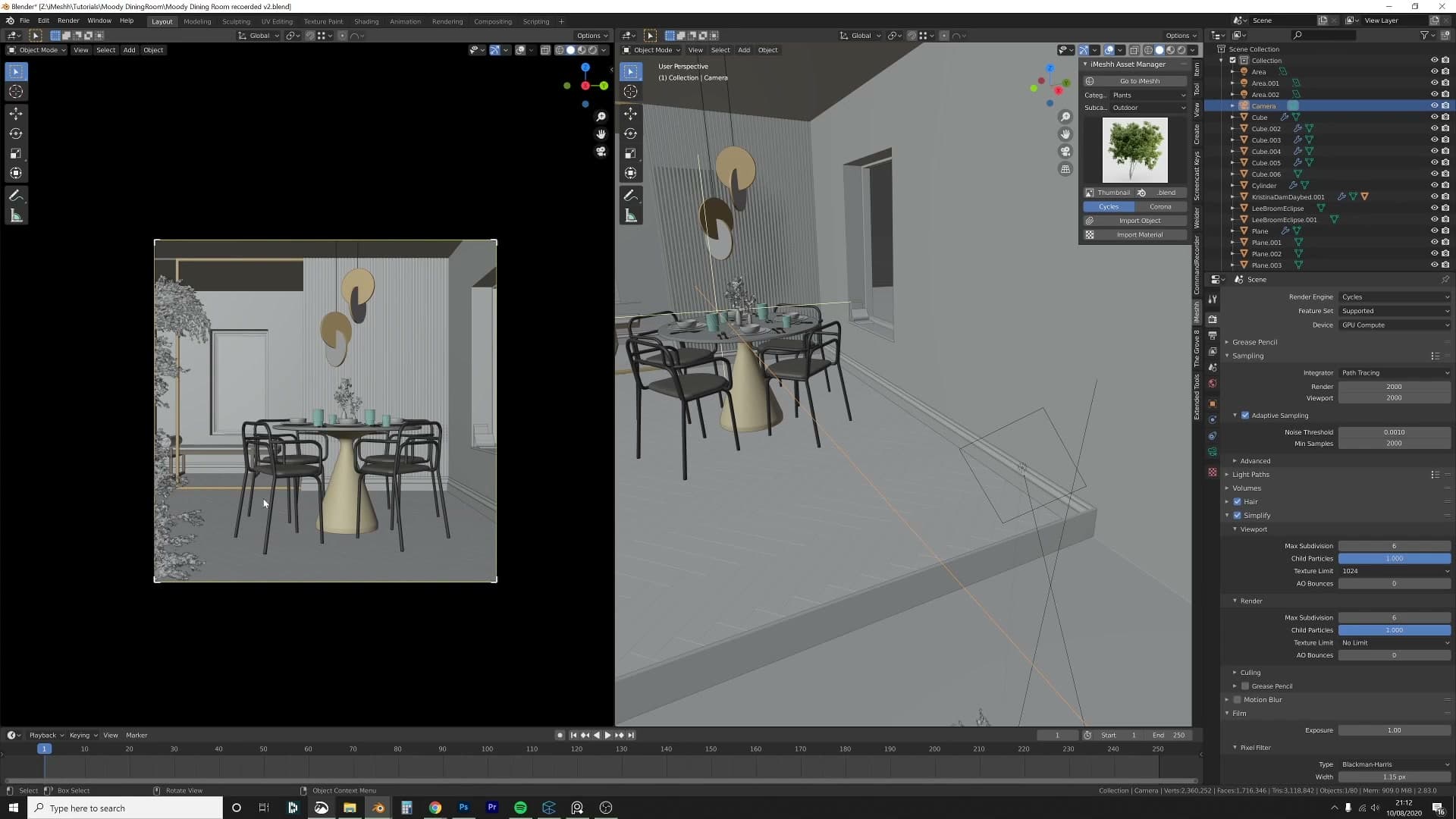 Adaptive sampling threshold 0.001, min samples 2000. Cycles only keeps sampling pixels that still look noisy.