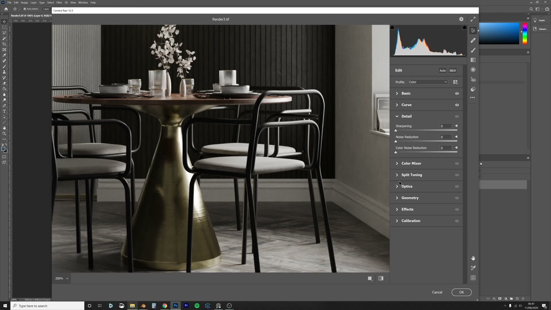 Camera Raw curve: highlights down, shadows down, mid-tones controlled. Contrast added without crushing.