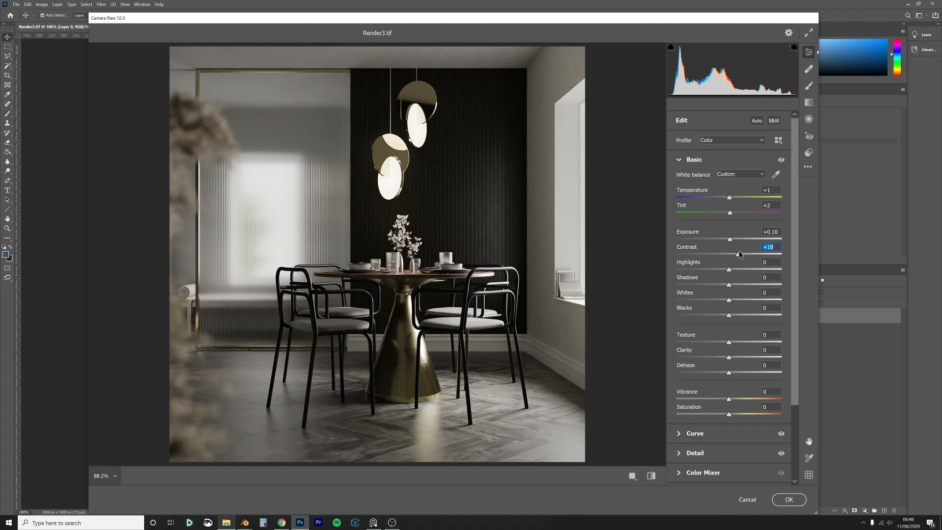 Before/after comparison after a single curve adjustment. The render already pops.