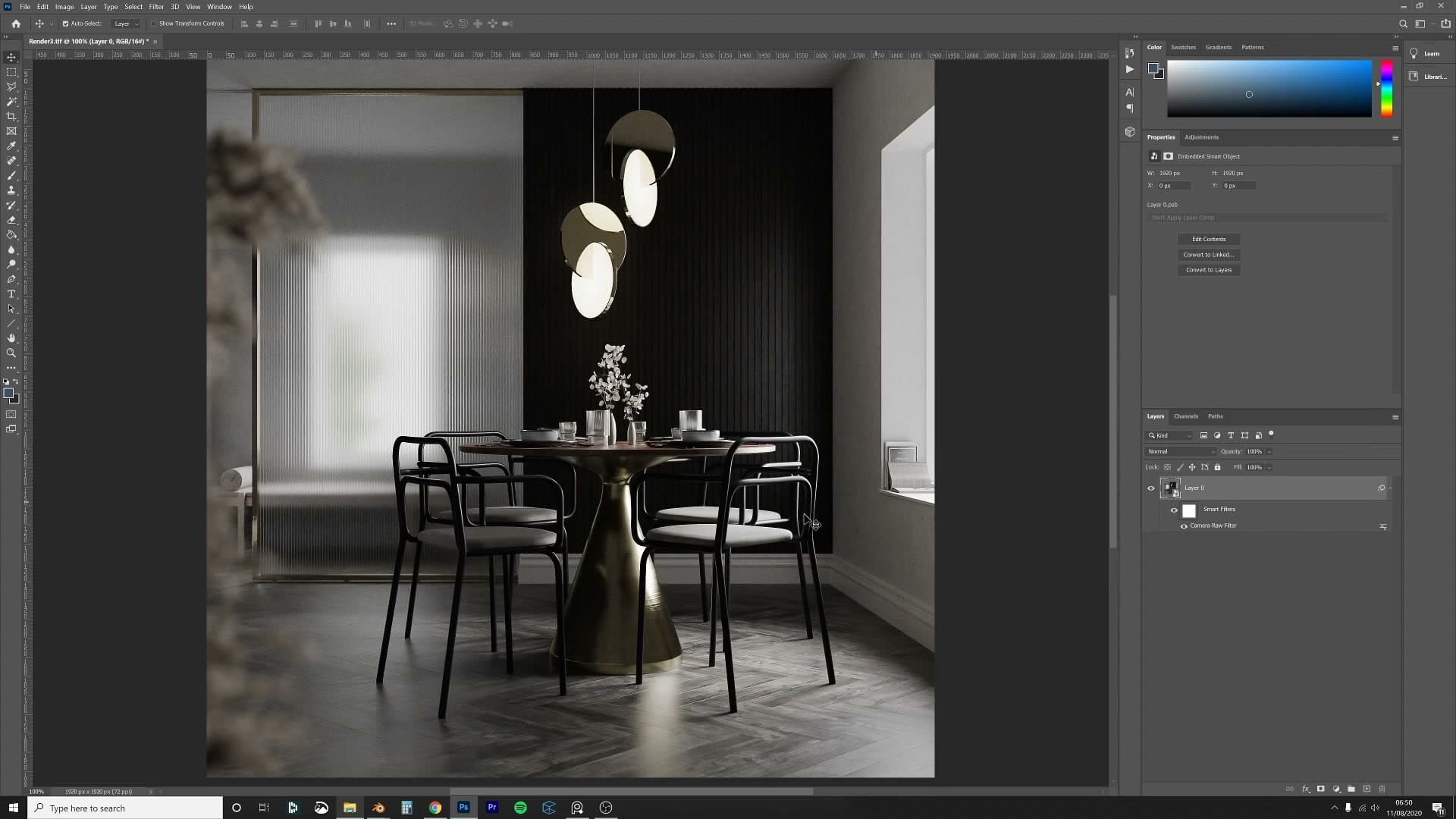 Film grain dialed in the Effects panel. Most photographs have a touch and CG looks fake without it.