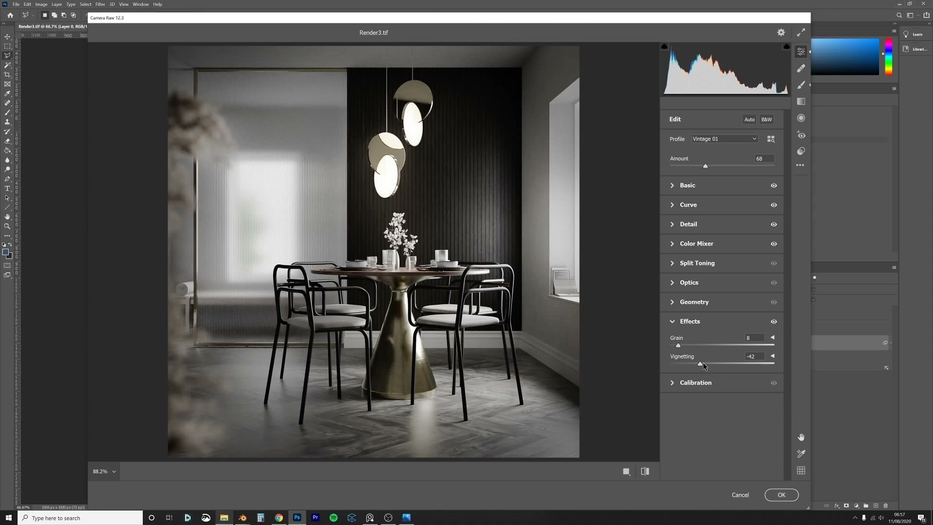 Final moody dining-room render after vignette and dodge passes. Camera Raw filter still live on the Smart Object for non-destructive tweaks.