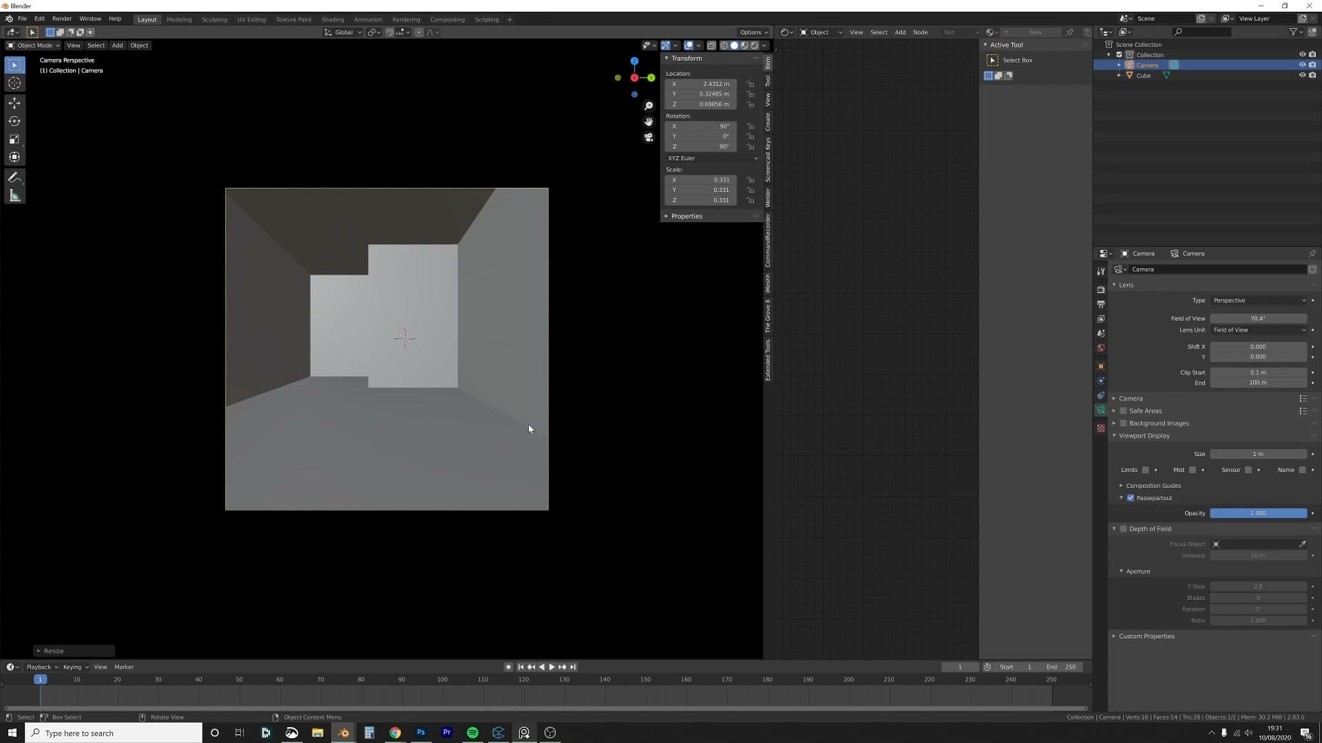 Camera switched to Field of View units with a low FOV for a semi-orthographic, archviz-style look.