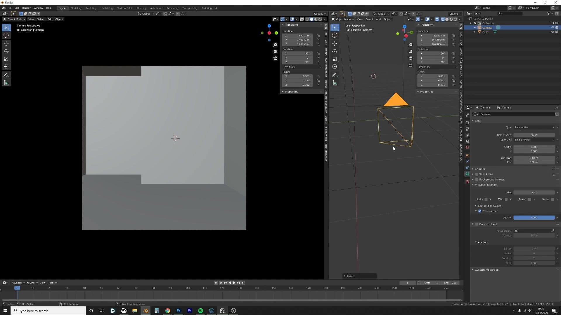 Camera dragged back through the wall using Shift-drag. Clipping hides the wall but keeps the angle.
