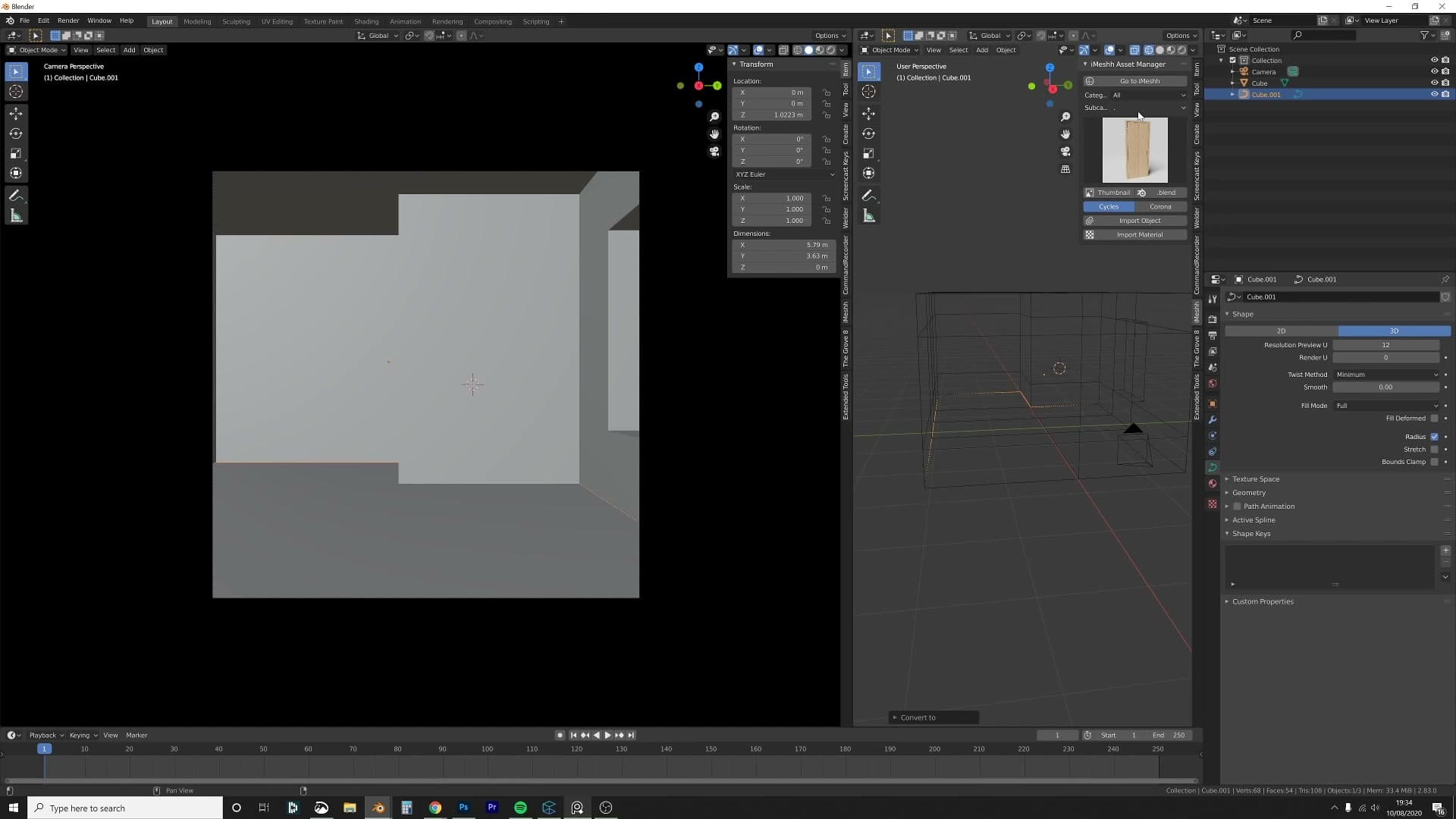 Wall-base edges selected with Shift+Alt+click, separated with Shift+D then P then Selection, then F3 then Convert to Curve.