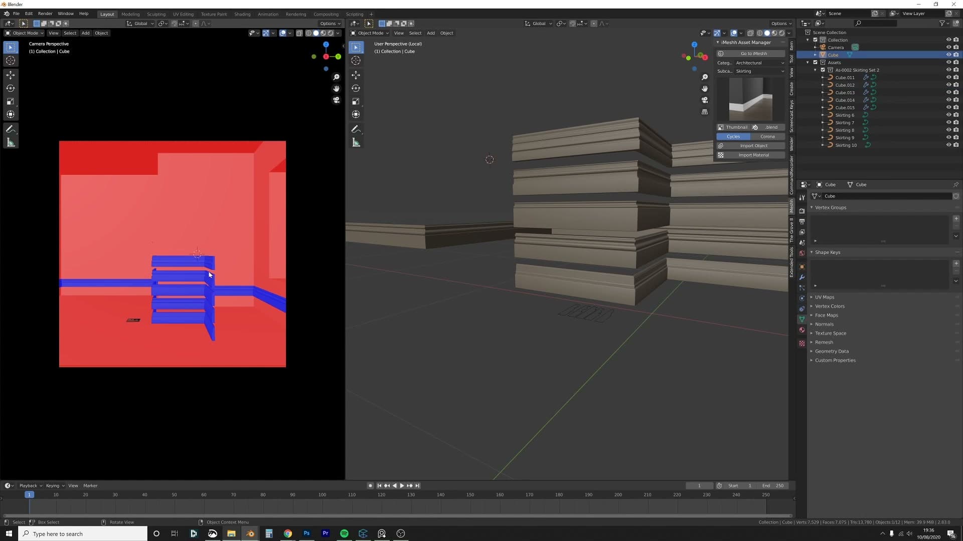 Face Orientation overlay used to flip normals so the skirting bevel attaches the correct way.