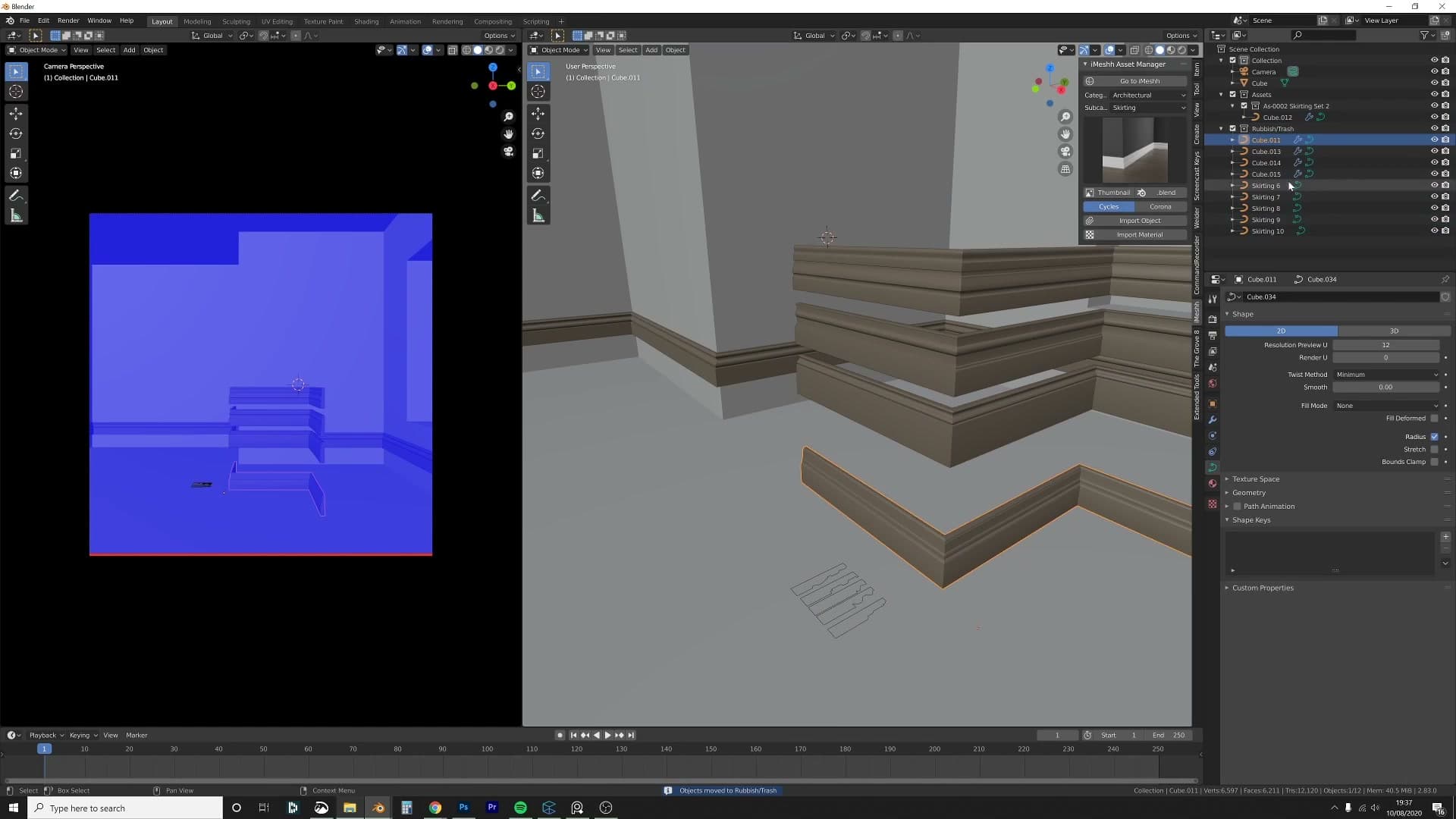 Skirting following the wall base around the room, with extra geometry moved to a trash collection.