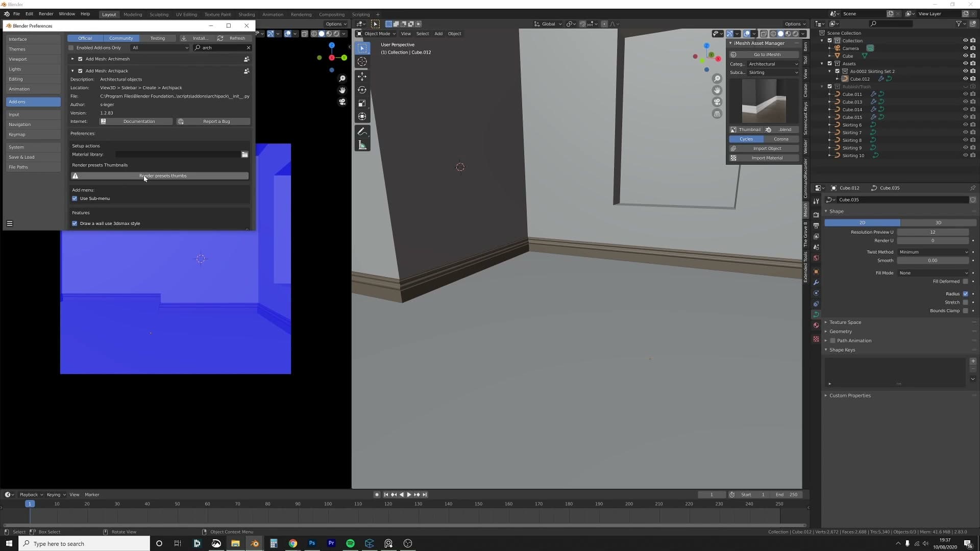 Archipack add-on preferences. The Generate Thumbnails button takes 10-15 minutes but unlocks the visual preset picker.