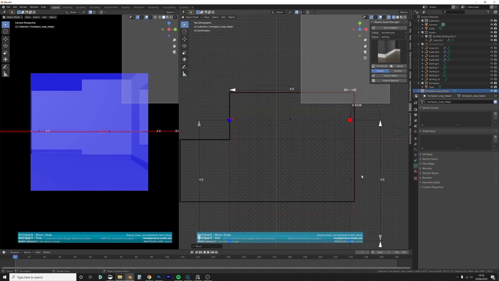 Snapping set to Vertex via Shift+Tab so each Archipack floor corner clicks to the wall vertices.
