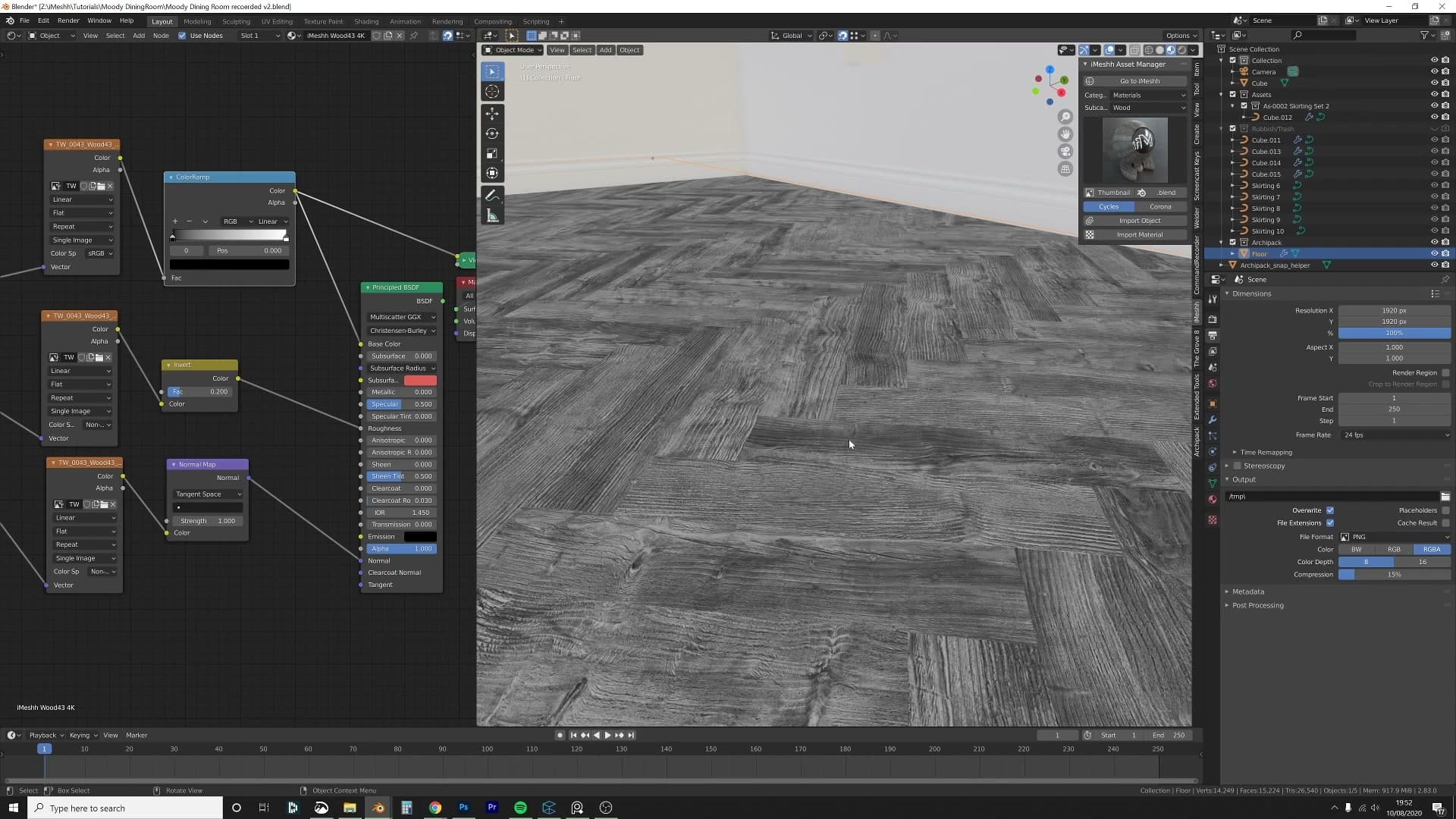 Node Wrangler's Shift+Ctrl+click preview cycling through every channel of the wood material.
