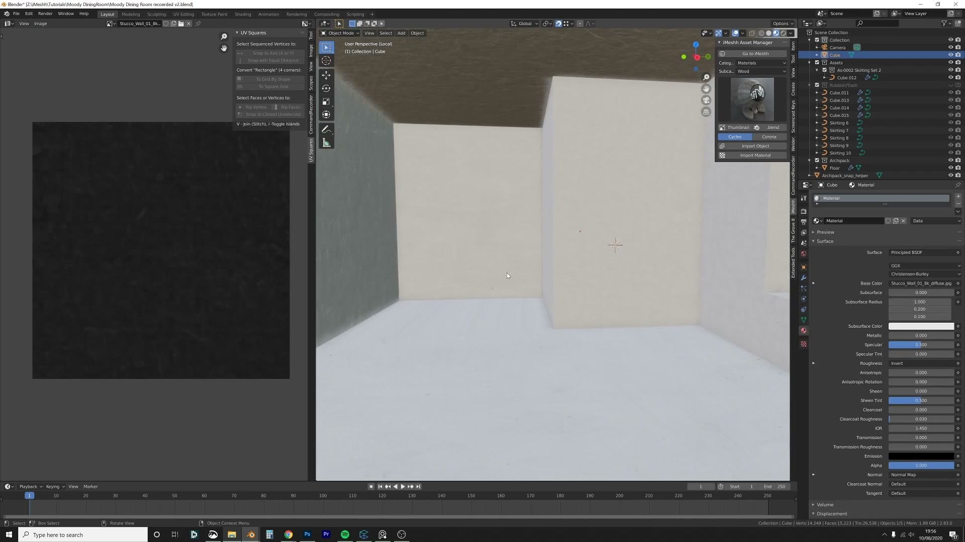 Seams marked along wall corners before unwrapping with U → Unwrap, Conformal.