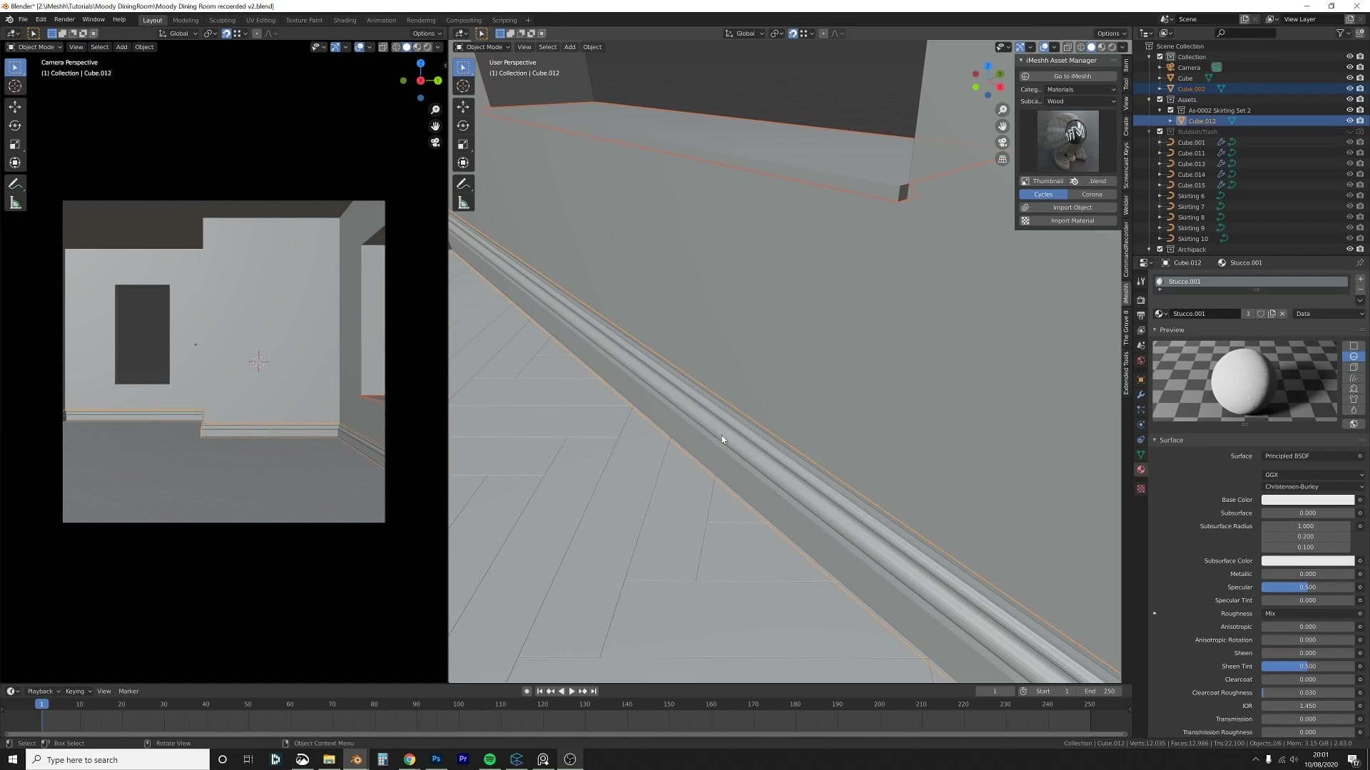 Quick window seal: cube, two loop cuts, smooth shading, Ctrl+B bevel at 0.0025 for the catch-light edge.
