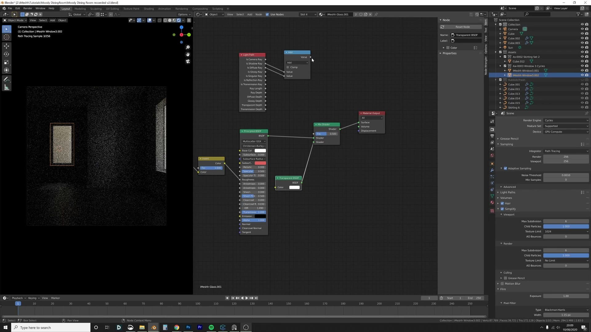 Mix Shader gated by Is Shadow Ray and Is Diffuse Ray via Math Add routes shadow and diffuse rays through Transparent. Sunlight passes through and reflection stays.