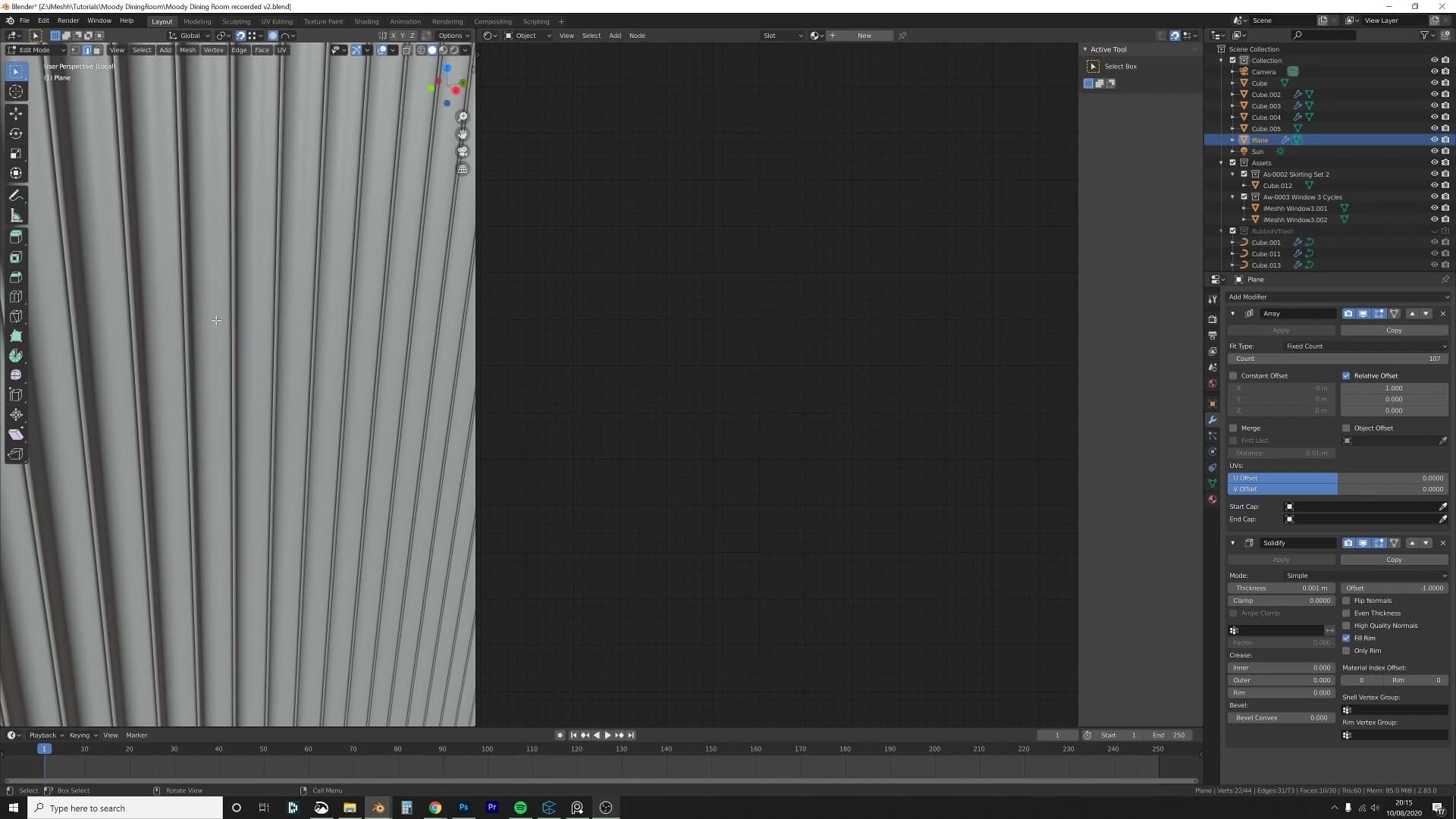 Array modifier copies the flute horizontally across the full window width.