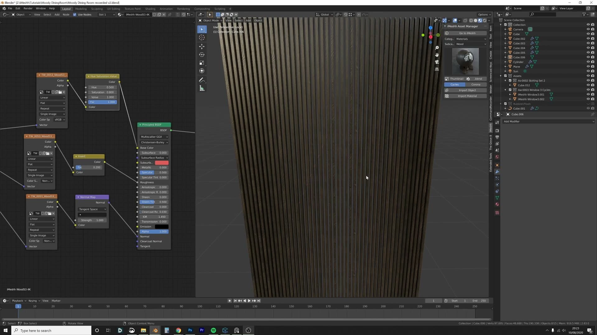 Apply Scale, apply Array, then unwrap. UV islands rotated so wood grain runs vertically along every slat.