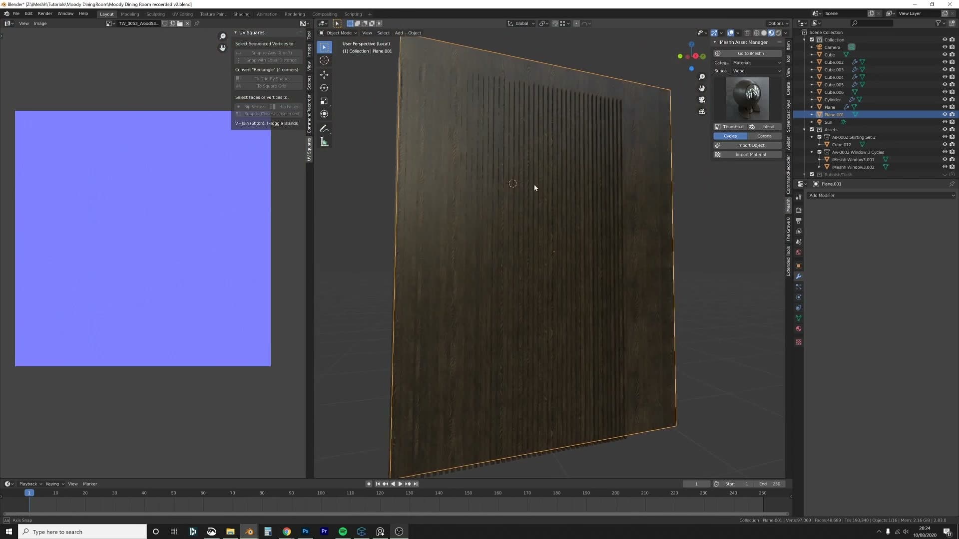 Hue/Saturation node at 0.8 saturation cools the back-wall wood so it sits behind the dining-table palette.