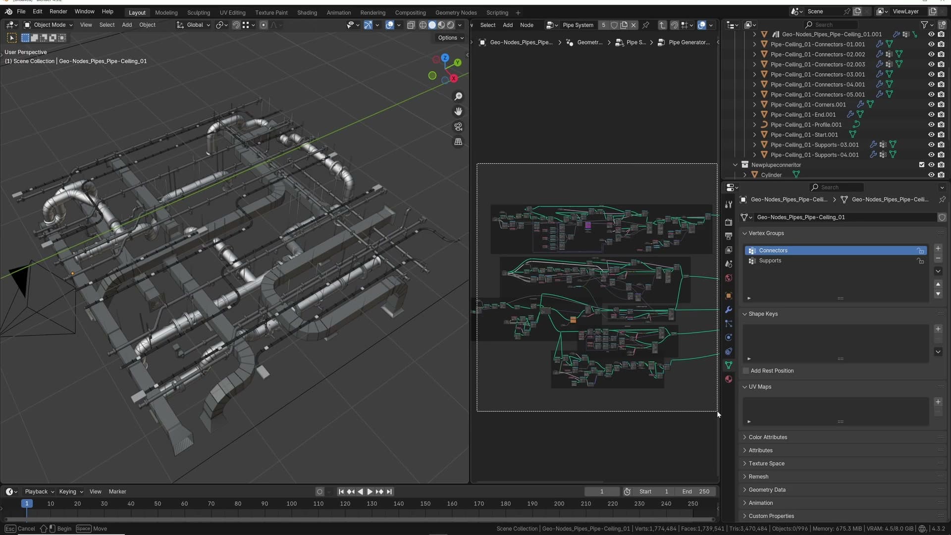 The finished iMeshh pipe system rendering on a ceiling, with connectors, corner parts and supports all generated procedurally.