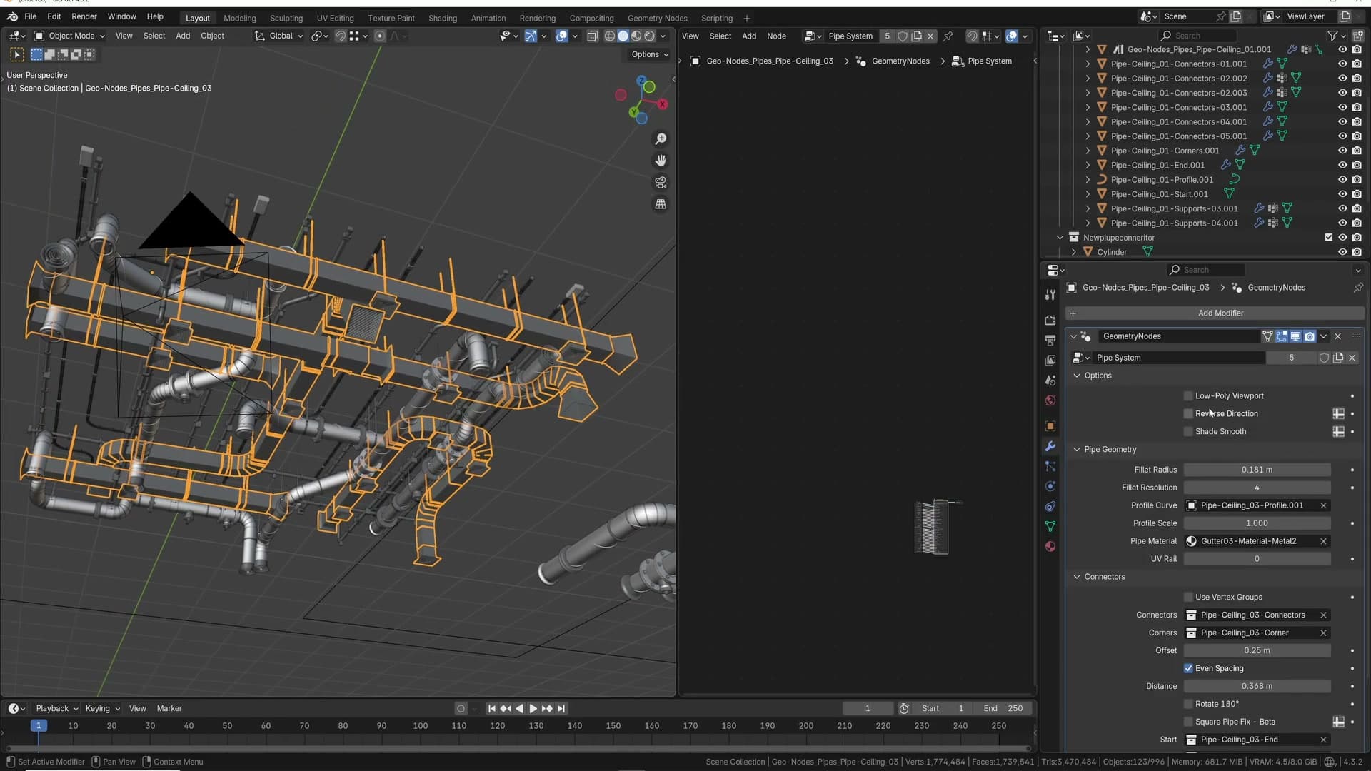 Low-poly mode toggled on. The viewport drops to lightweight placeholders so edits stay snappy.