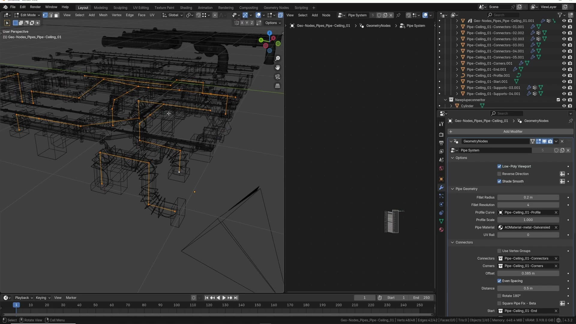 Edit mode revealing the source geometry: a chain of vertices extruded along the path. The geometry nodes turn that chain into the pipe.