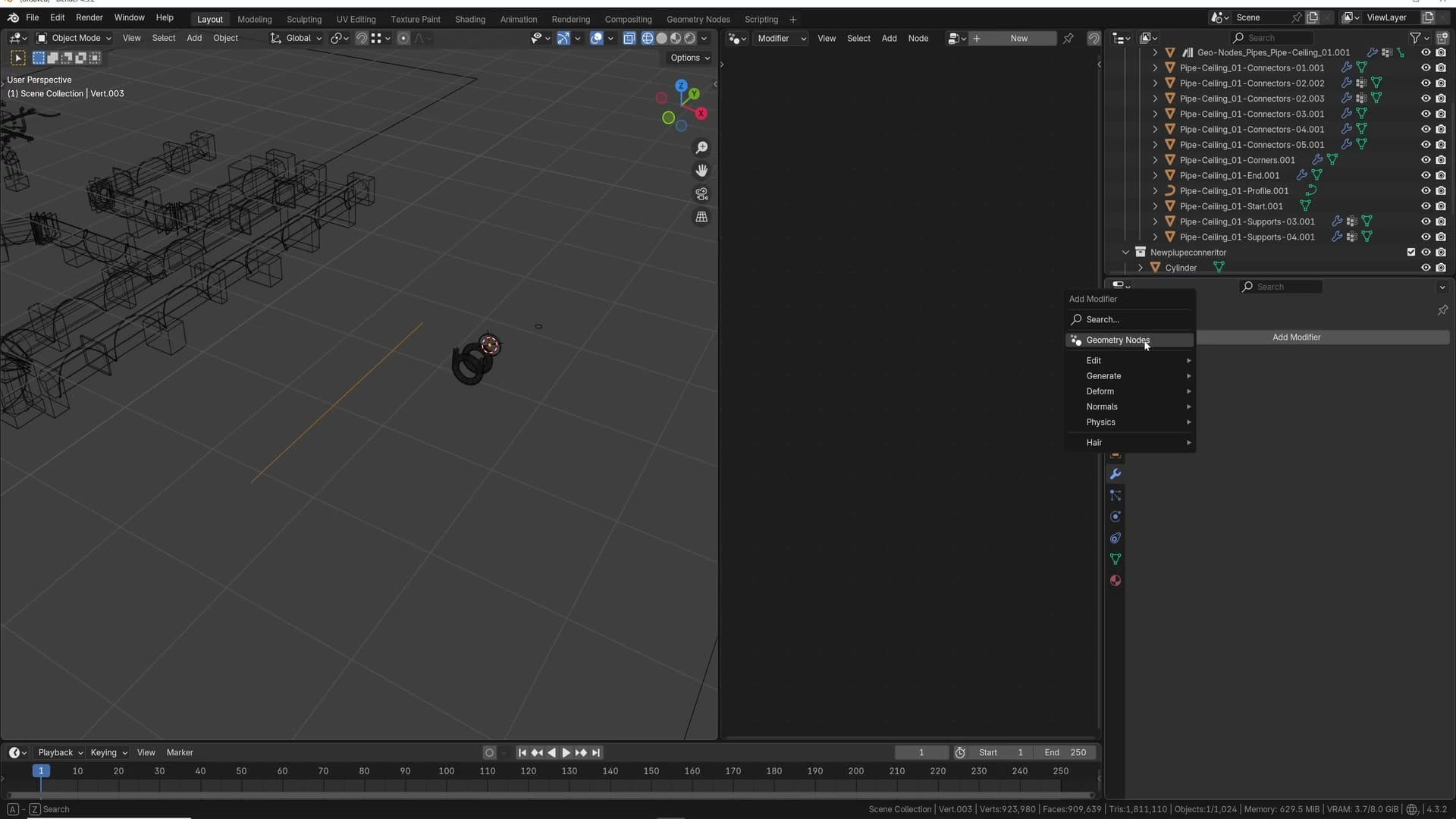 Edit mode after pressing E,Y: a single edge along the Y axis that the geometry nodes will follow.