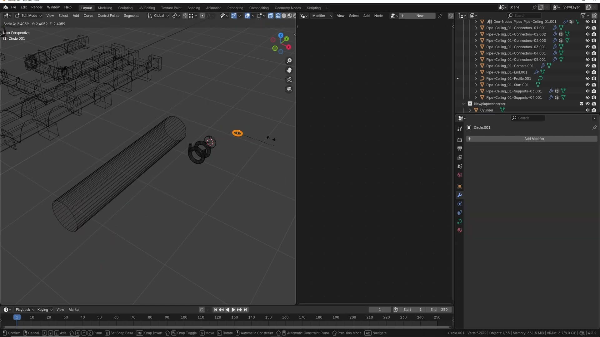 The Pipe System geometry-nodes setup applied, exposing inputs for profile, corner parts, connectors, supports and spiral.