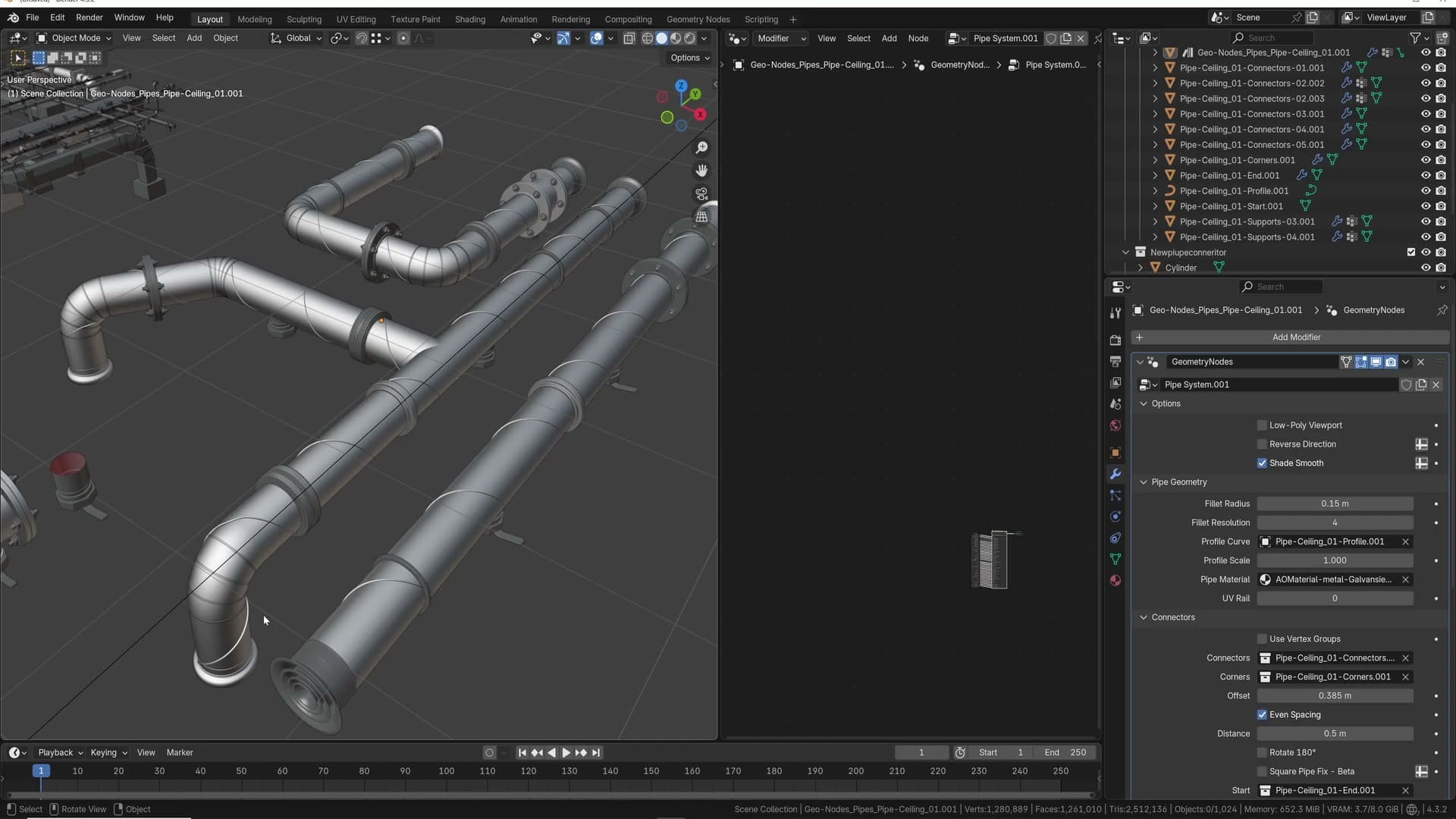 Scaling the profile curve in edit mode. The whole pipe cross-section updates live.