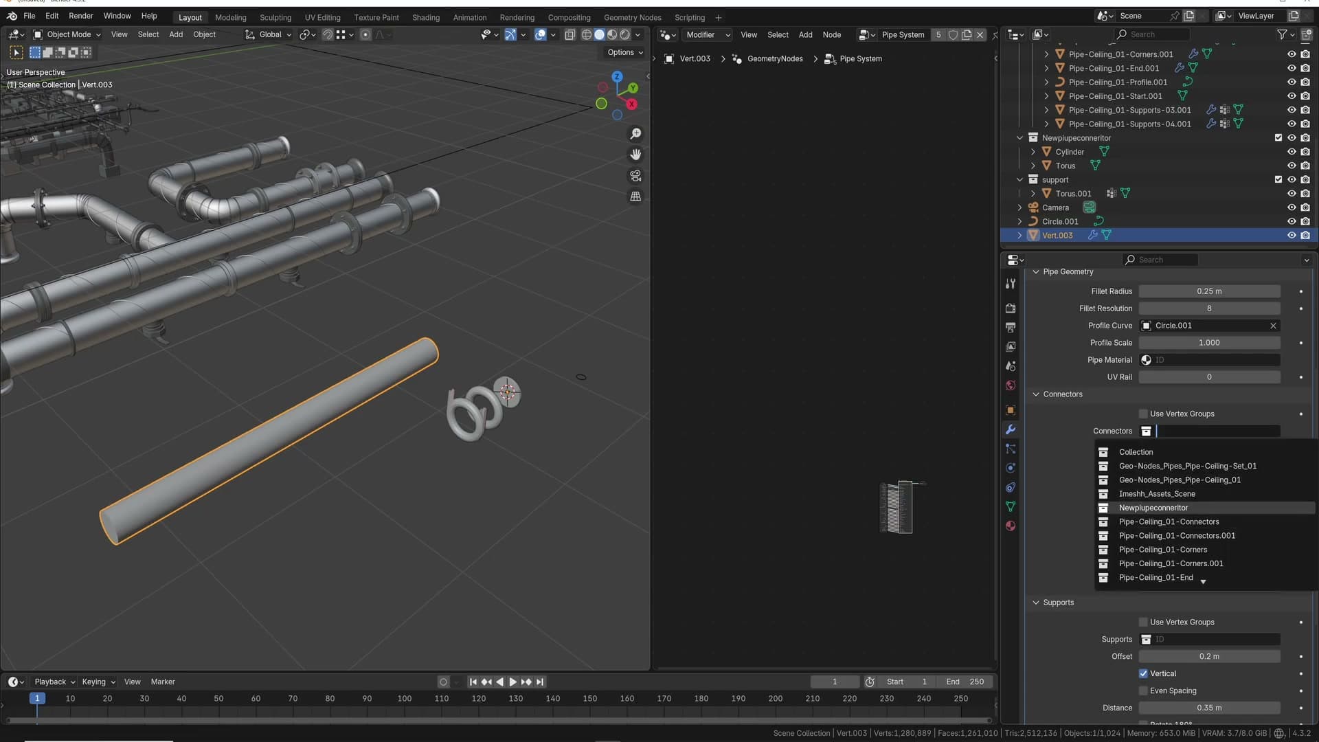 Corner-part meshes sitting on each bend, adding the detailed banded geometry around 90° turns.
